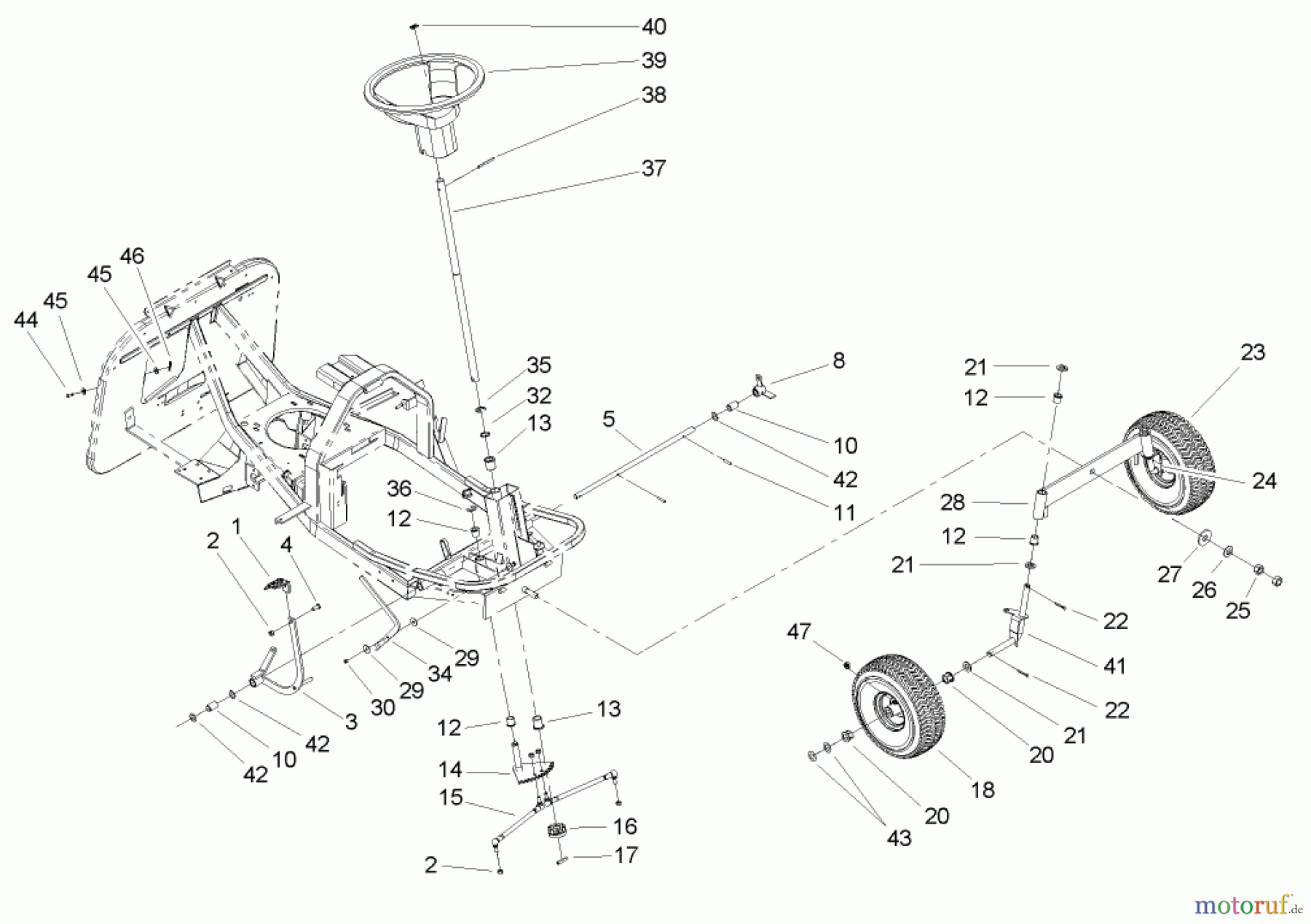 Toro Neu Mowers, Rear-Engine Rider 70185 (13-32G) - Toro 13-32G Rear-Engine Riding Mower, 2004 (240000001-240999999) FRONT AXLE AND STEERING ASSEMBLY