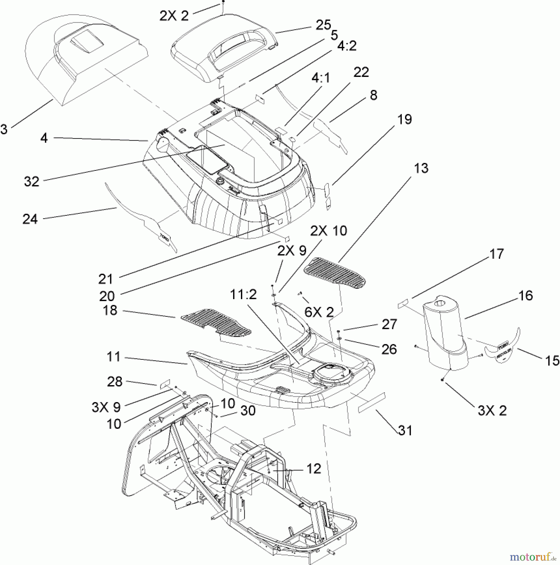 Toro Neu Mowers, Rear-Engine Rider 70186 (H132) - Toro H132 Rear-Engine Riding Mower, 2006 (260000001-260999999) BODY AND DECAL ASSEMBLY