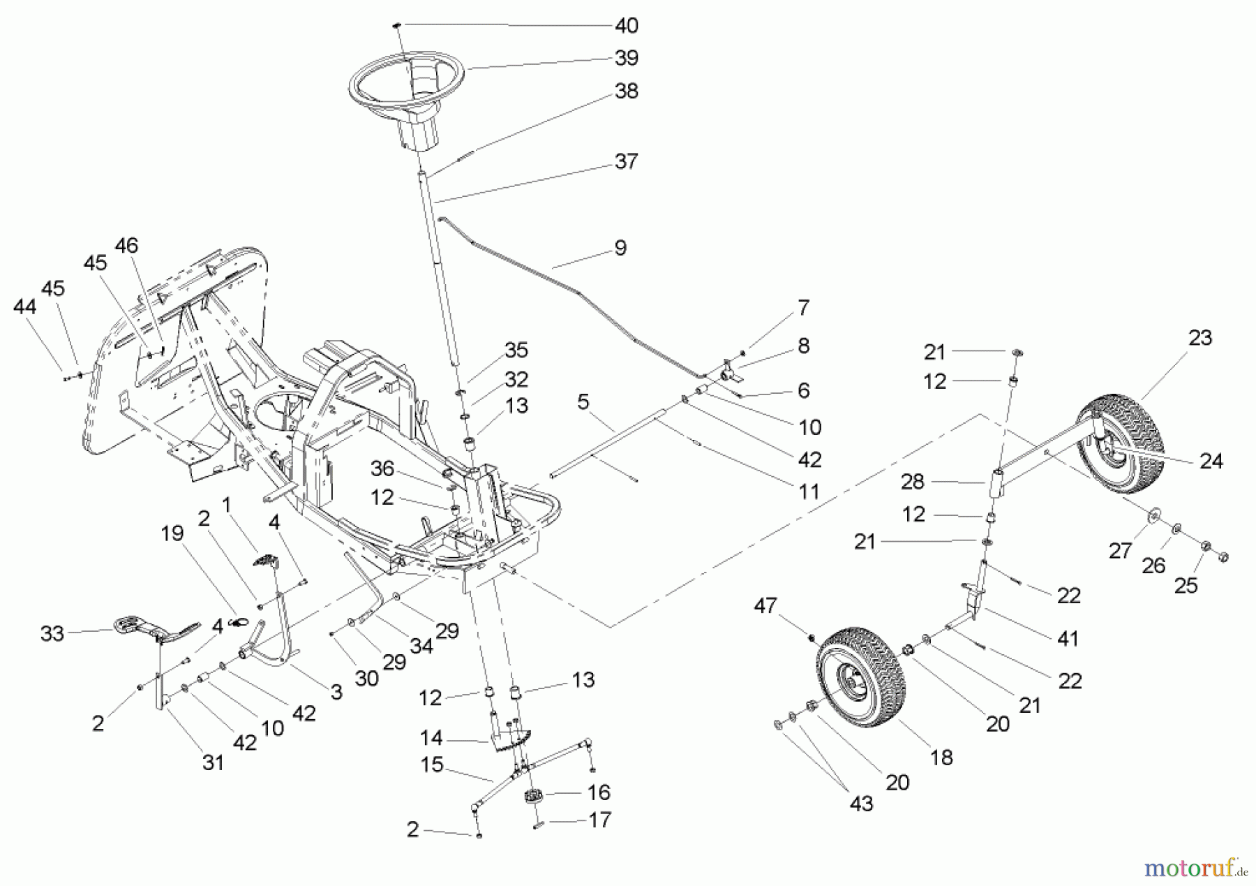 Toro Neu Mowers, Rear-Engine Rider 70186 (H132) - Toro H132 Rear-Engine Riding Mower, 2006 (260000001-260999999) FRONT AXLE AND STEERING ASSEMBLY