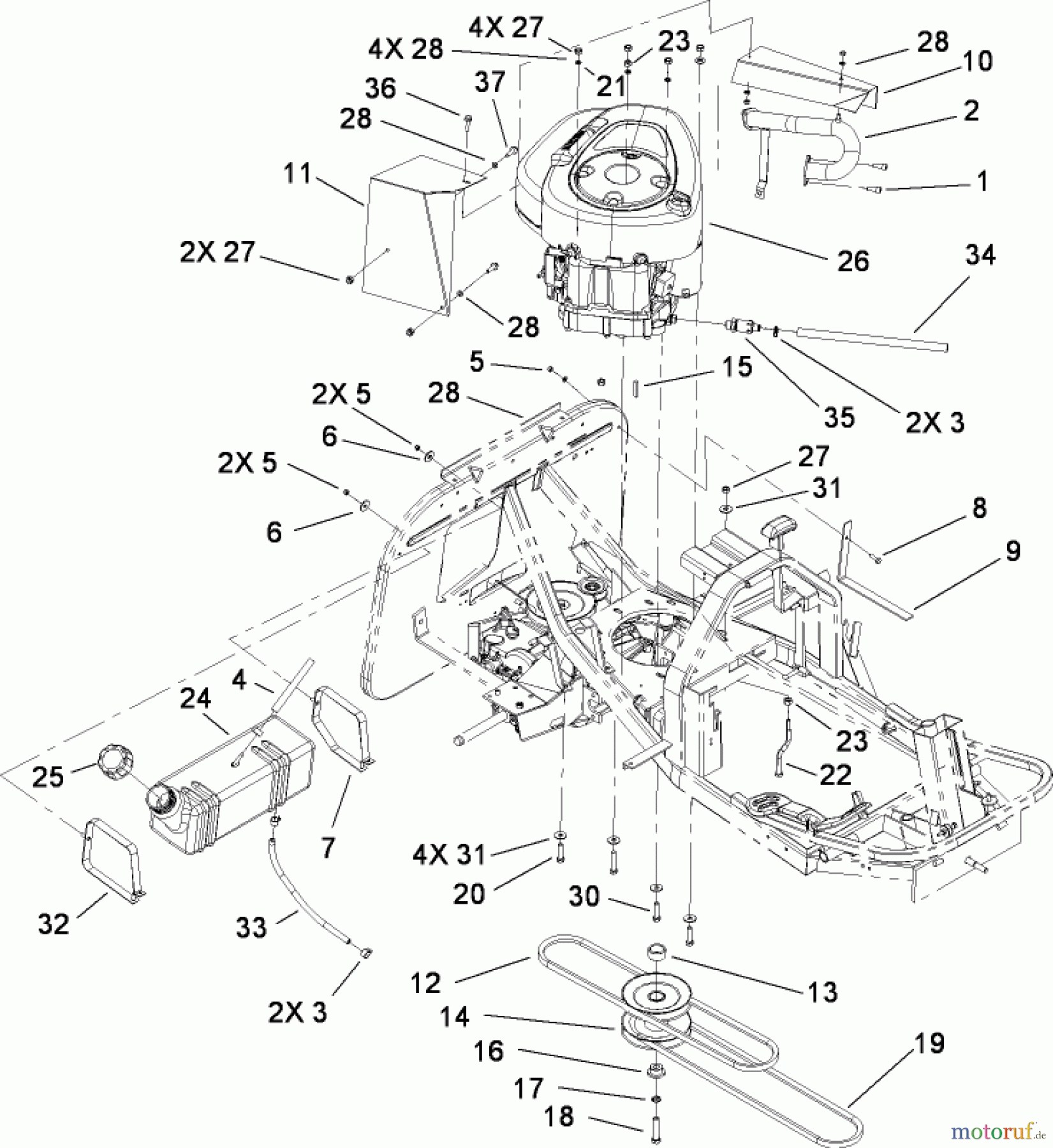 Toro Neu Mowers, Rear-Engine Rider 70186 (H132) - Toro H132 Rear-Engine Riding Mower, 2008 (270805636-280899434) ENGINE AND FUEL TANK ASSEMBLY