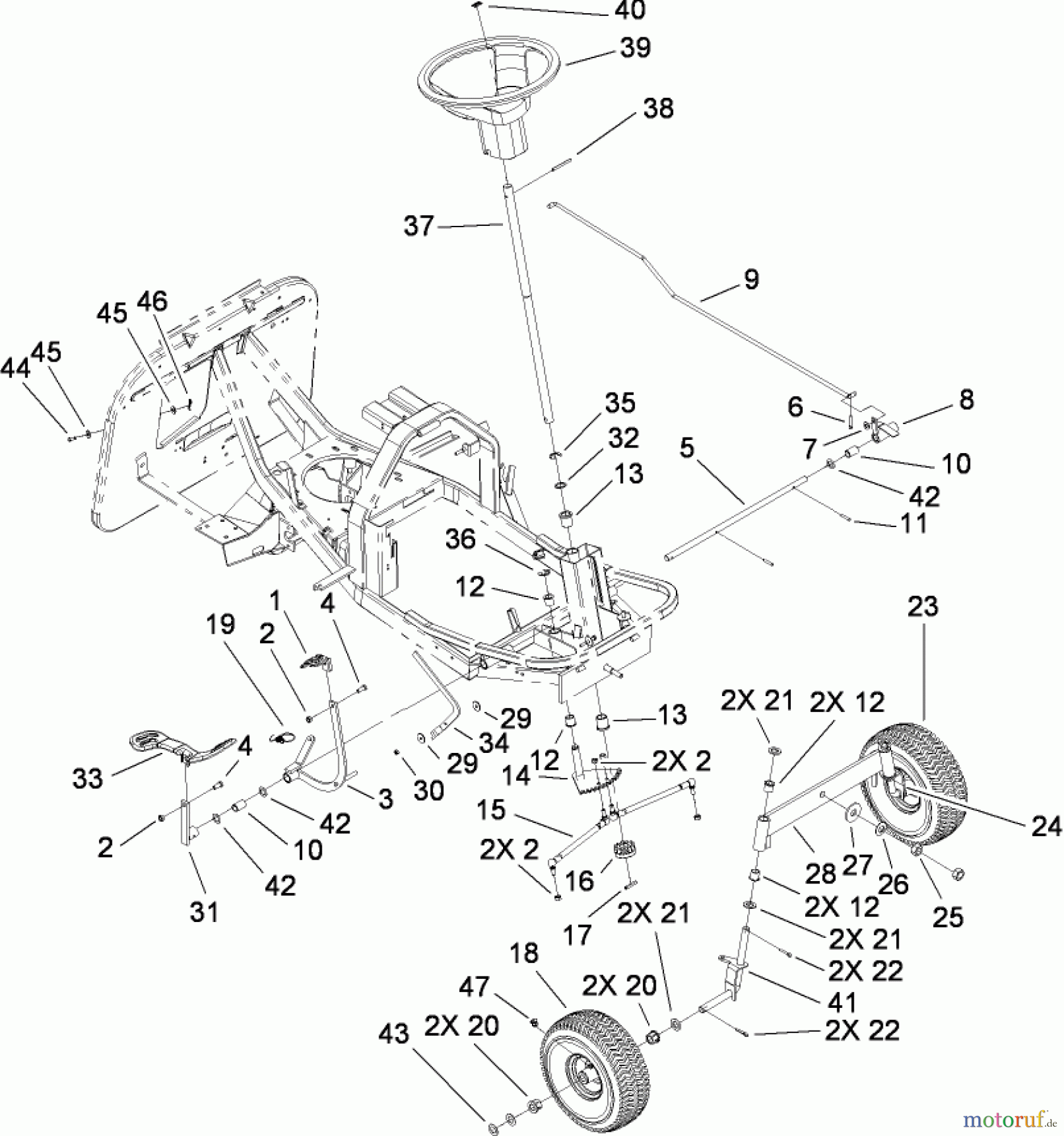 Toro Neu Mowers, Rear-Engine Rider 70186 (H132) - Toro H132 Rear-Engine Riding Mower, 2008 (270805636-280899434) FRONT AXLE AND STEERING ASSEMBLY