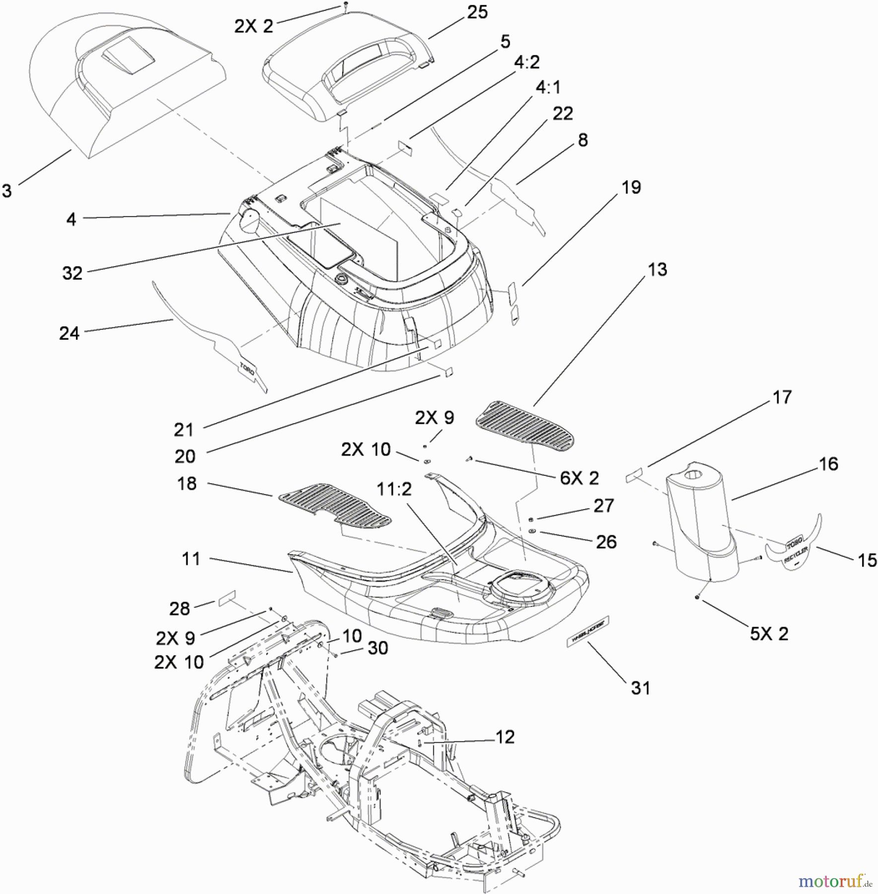  Toro Neu Mowers, Rear-Engine Rider 70186 (H132) - Toro H132 Rear-Engine Riding Mower, 2010 (310000001-310999999) BODY AND DECAL ASSEMBLY