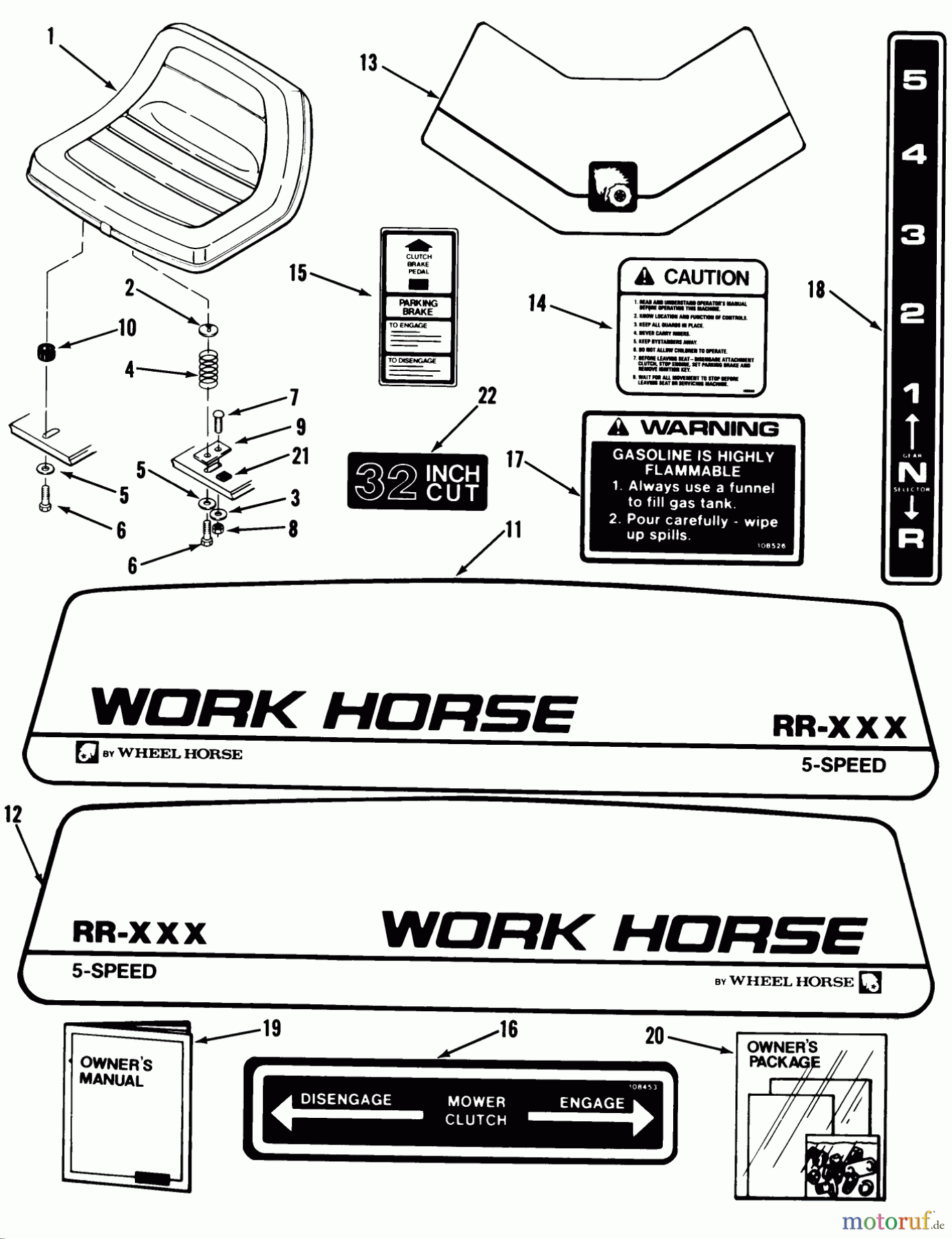 Toro Neu Mowers, Rear-Engine Rider A3-053201 (RR-532) - Toro RR-532 5-Speed Rear Engine Rider, 1982 SEAT, DECALS AND MISCELLANEOUS