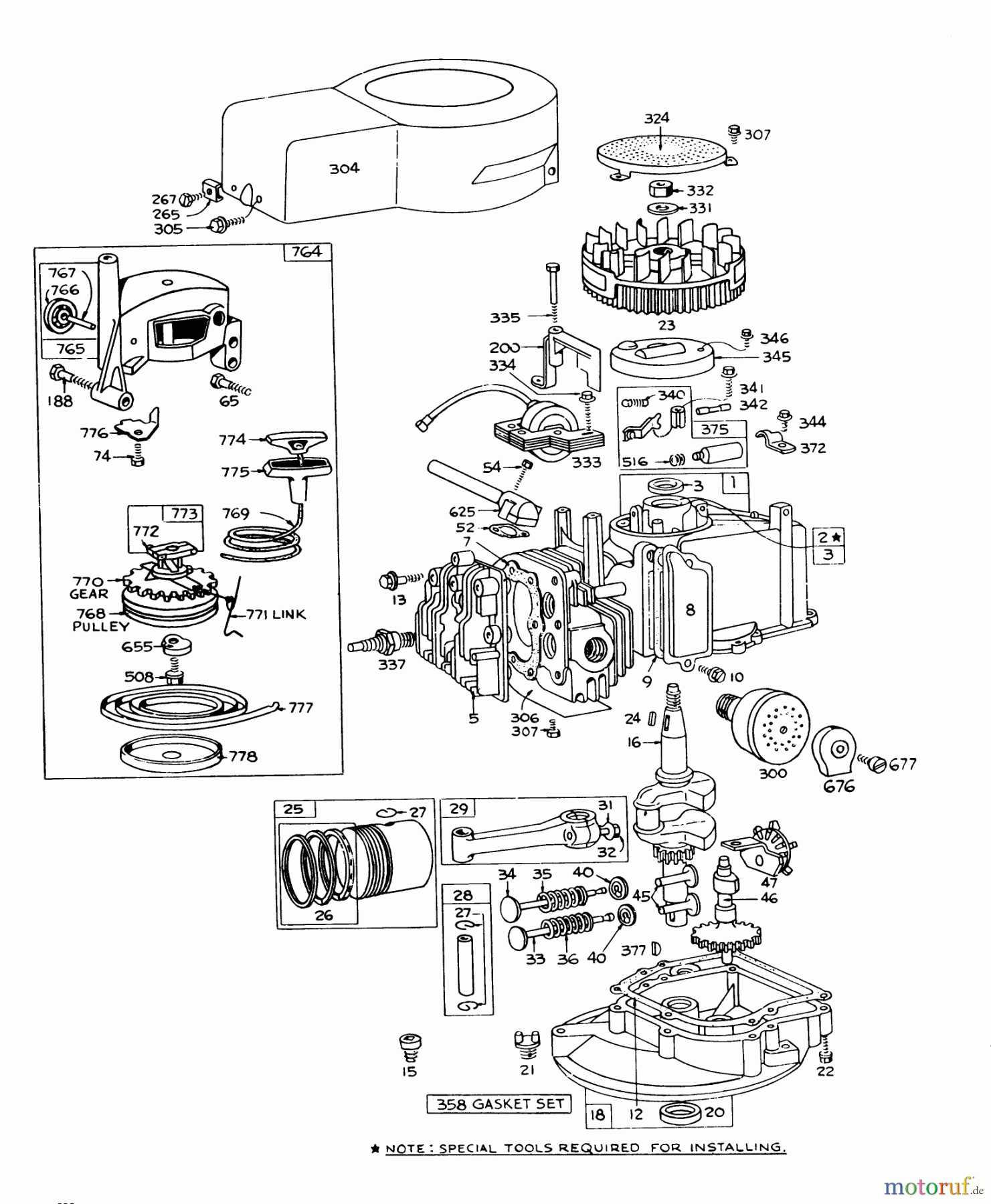 Toro Neu Mowers, Walk-Behind Seite 1 16264 - Toro Whirlwind II Lawnmower, 1977 (7000001-7999999) ENGINE BRIGGS & STRATTON MODEL 92508-0954-01 FOR 19
