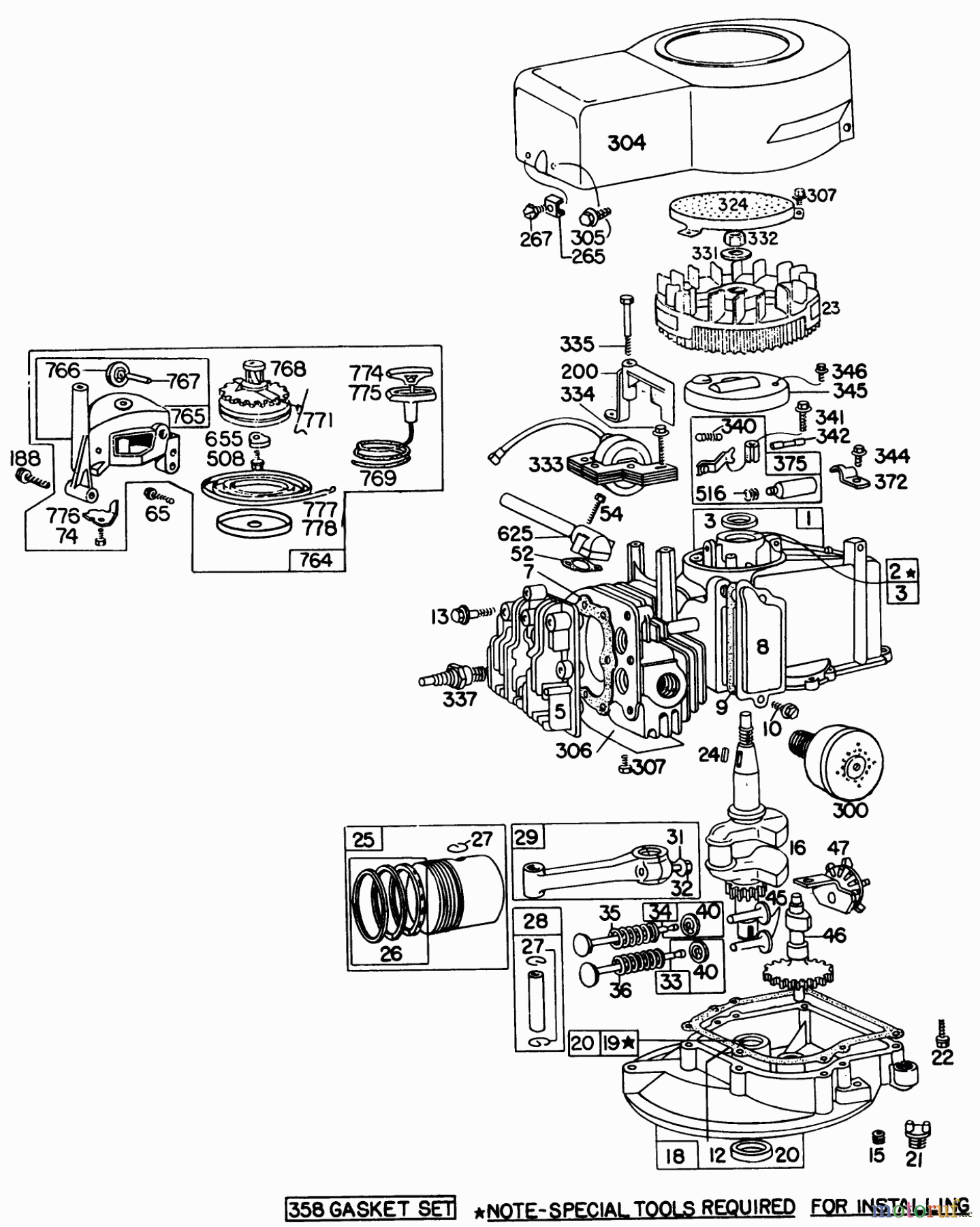 Toro Neu Mowers, Walk-Behind Seite 1 16264 - Toro Whirlwind II Lawnmower, 1977 (7000001-7999999) ENGINE BRIGGS & STRATTON MODEL 92908-1743-01 FOR 21