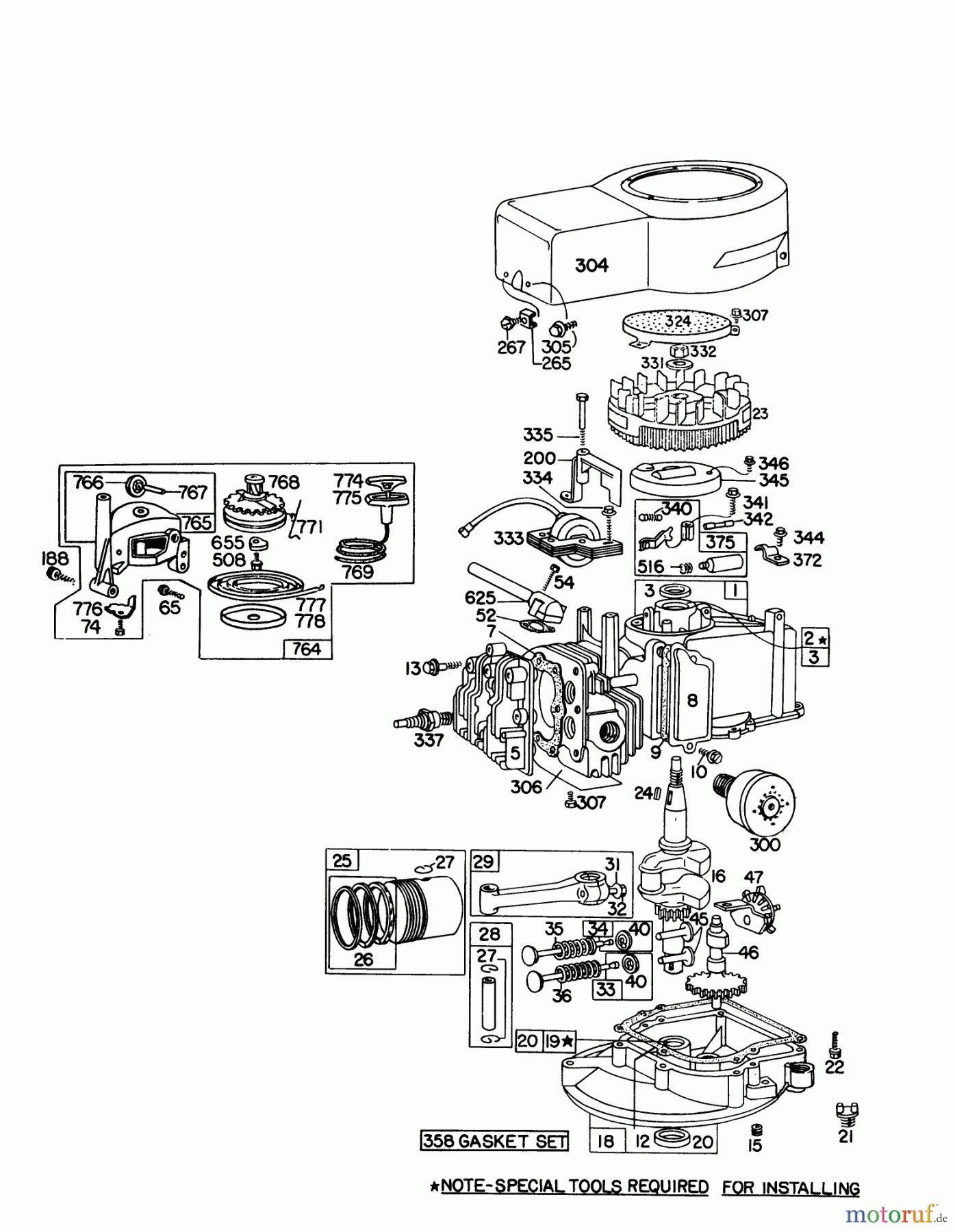 Toro Neu Mowers, Walk-Behind Seite 1 16067 - Toro Whirlwind II Lawnmower, 1977 (7000001-7999999) ENGINE BRIGGS & STRATTON MODEL 92908-1735-01 FOR 21