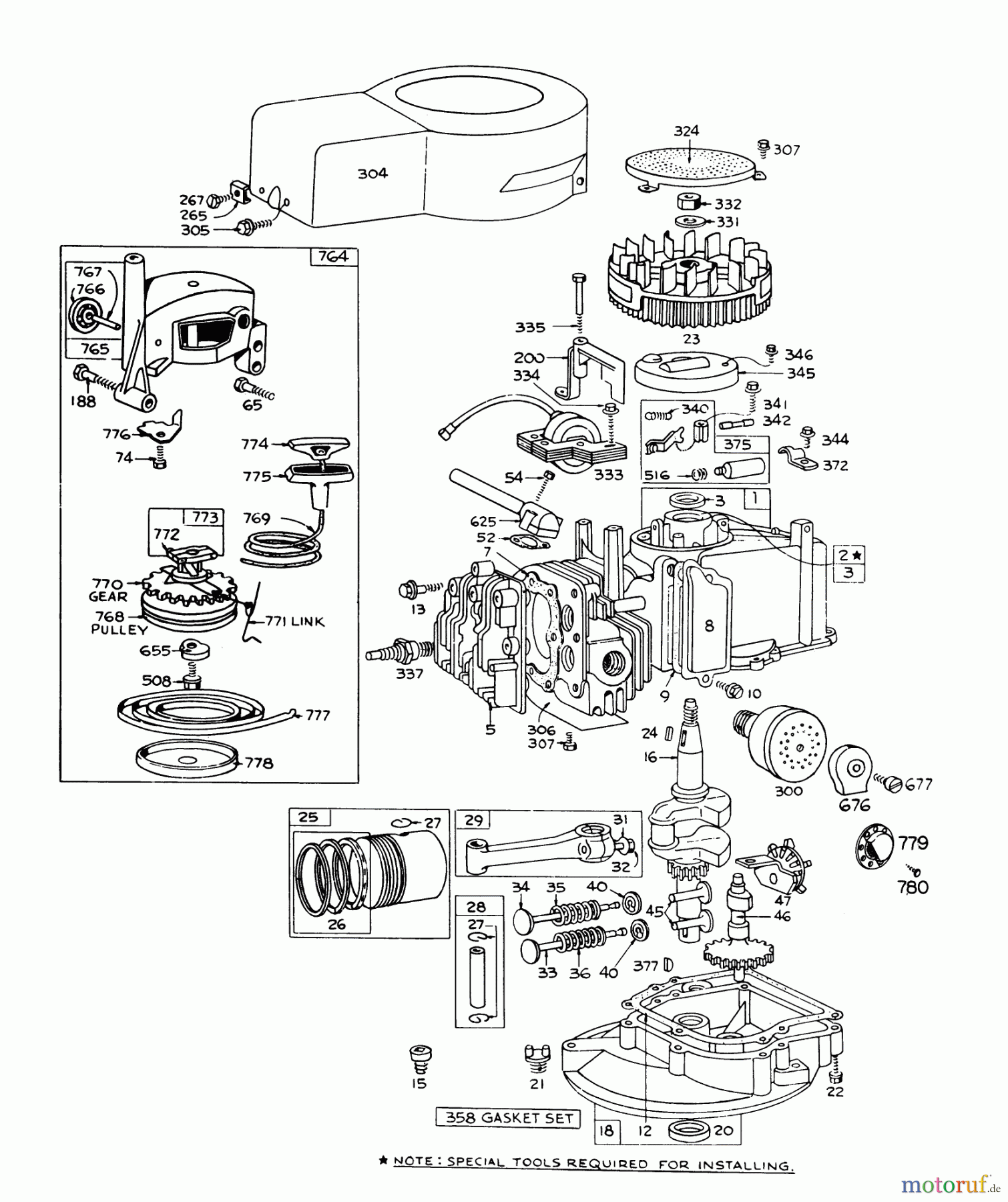 Toro Neu Mowers, Walk-Behind Seite 1 16287 - Toro Whirlwind II Lawnmower, 1978 (8000001-8999999) ENGINE BRIGGS & STRATTON MODEL 92508-0985-01 FOR 19