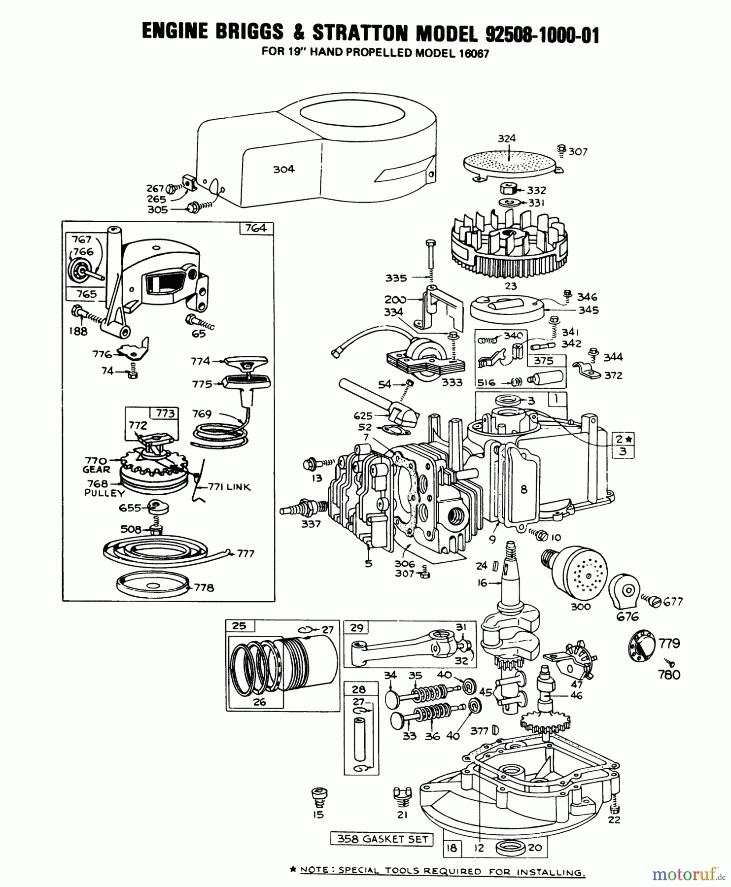 Toro Neu Mowers, Walk-Behind Seite 1 16067 - Toro Whirlwind II Lawnmower, 1978 (8000001-8999999) ENGINE BRIGGS & STRATTON MODEL 92508-1000-01 FOR 19