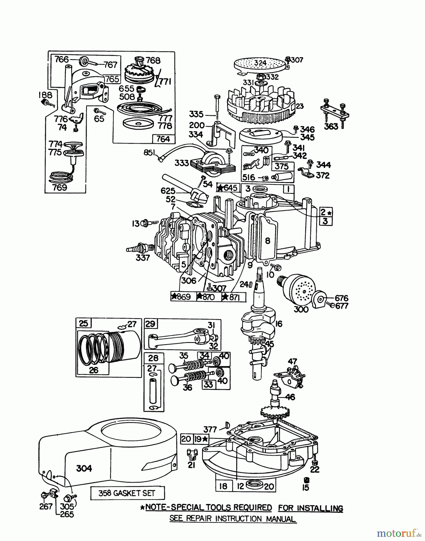 Toro Neu Mowers, Walk-Behind Seite 1 16155 - Toro Whirlwind II Lawnmower, 1979 (9000001-9999999) ENGINE BRIGGS & STRATTON MODEL 92508-1000-01 FOR 19