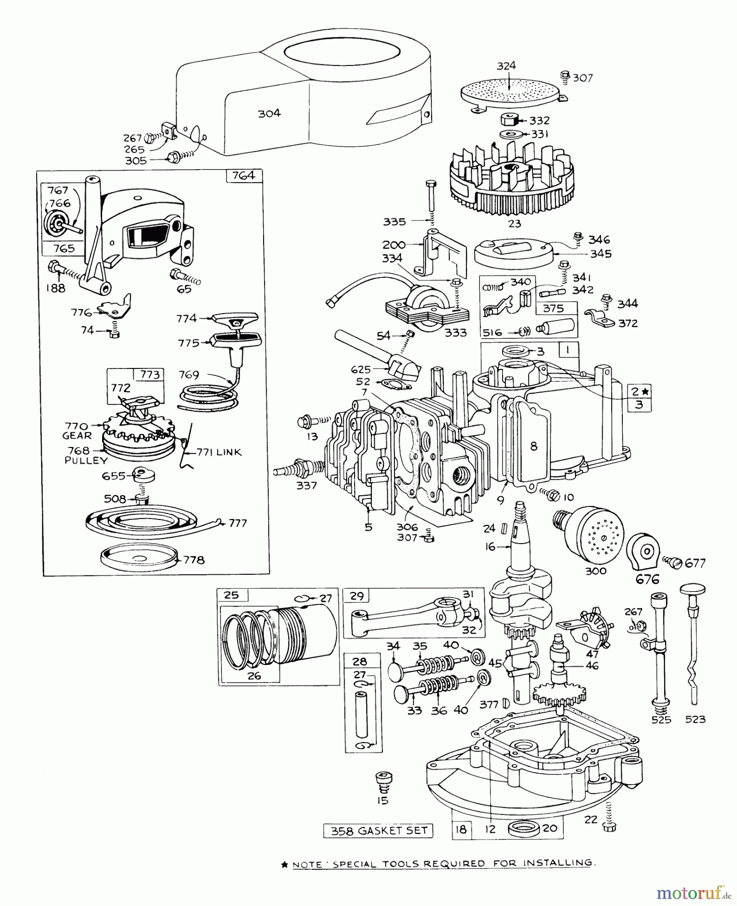 Toro Neu Mowers, Walk-Behind Seite 1 16273 - Toro Whirlwind Lawnmower, 1973 (3000001-3999999) ENGINE BRIGGS & STRATTON - MODEL 92908-1224-01 FOR 21