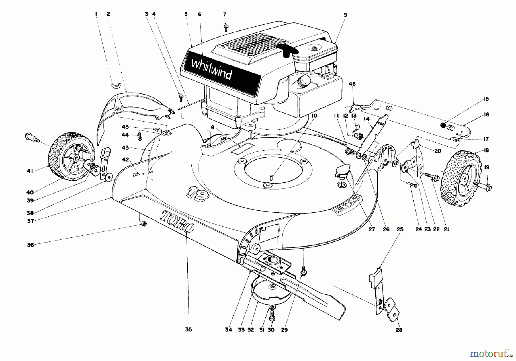 Toro Neu Mowers, Walk-Behind Seite 1 16273 - Toro Whirlwind Lawnmower, 1973 (3000001-3999999) HOUSING & ENGINE ASSEMBLY-MODELS 16073 & 16173