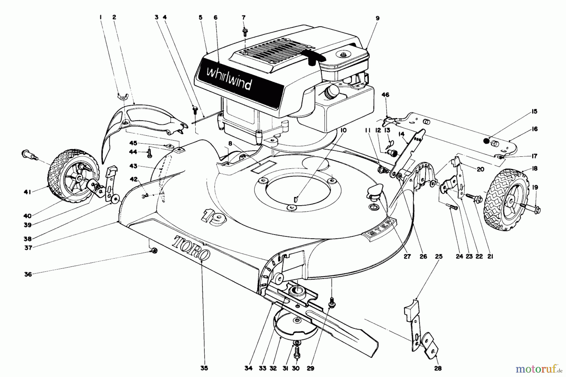 Toro Neu Mowers, Walk-Behind Seite 1 16273 - Toro Whirlwind Lawnmower, 1974 (4000001-4999999) HOUSING & ENGINE ASSEMBLY-MODELS 16073 & 16173