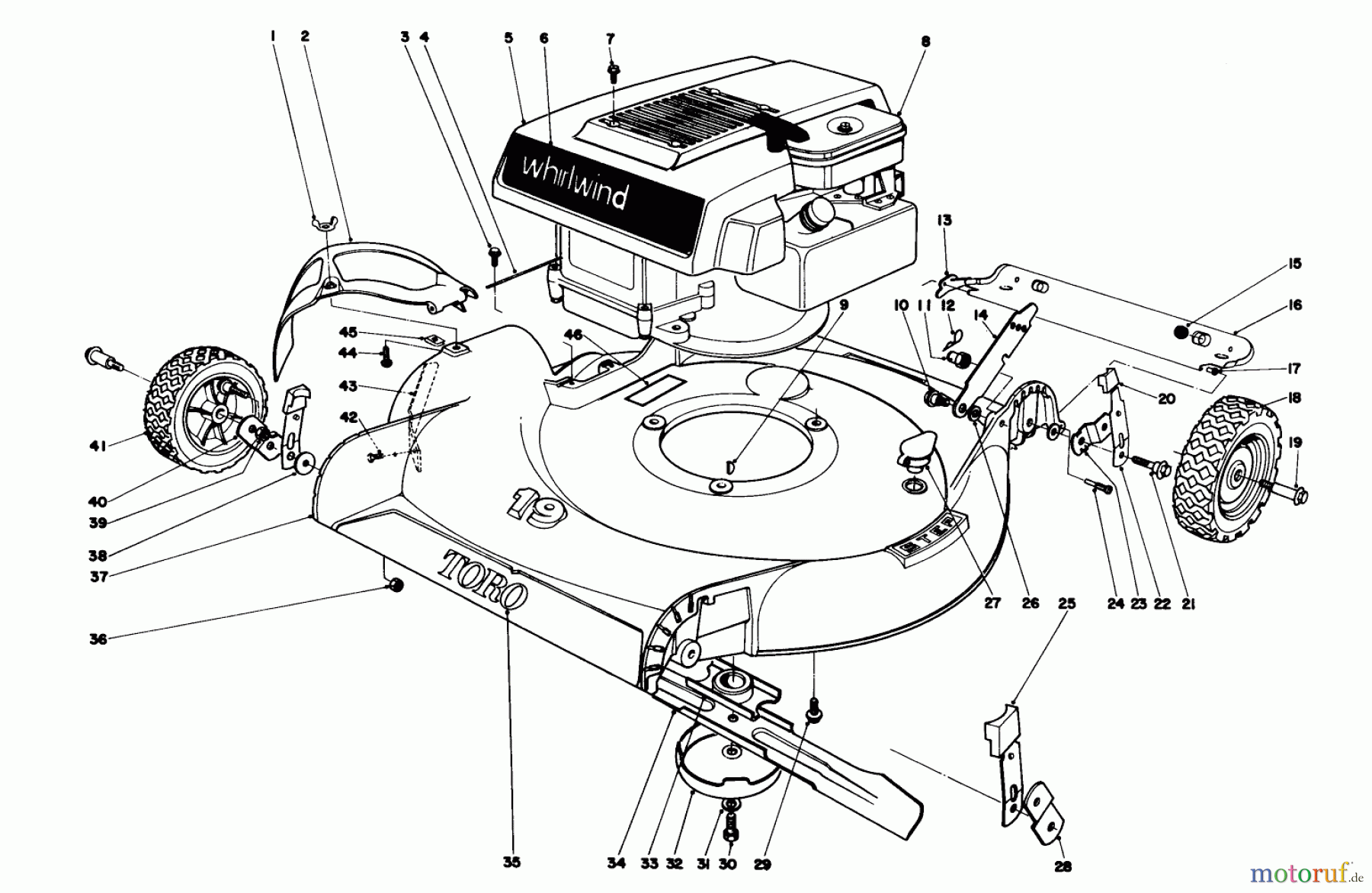 Toro Neu Mowers, Walk-Behind Seite 1 16073 - Toro Whirlwind Lawnmower, 1975 (5000001-5999999) HOUSING & ENGINE ASSEMBLY-MODELS 16073 & 16173