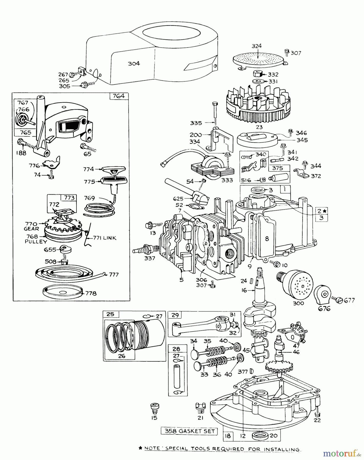 Toro Neu Mowers, Walk-Behind Seite 1 16273 - Toro Whirlwind Lawnmower, 1976 (6000001-6999999) ENGINE BRIGGS & STRATTON MODEL 92508-0904-01 FOR 19