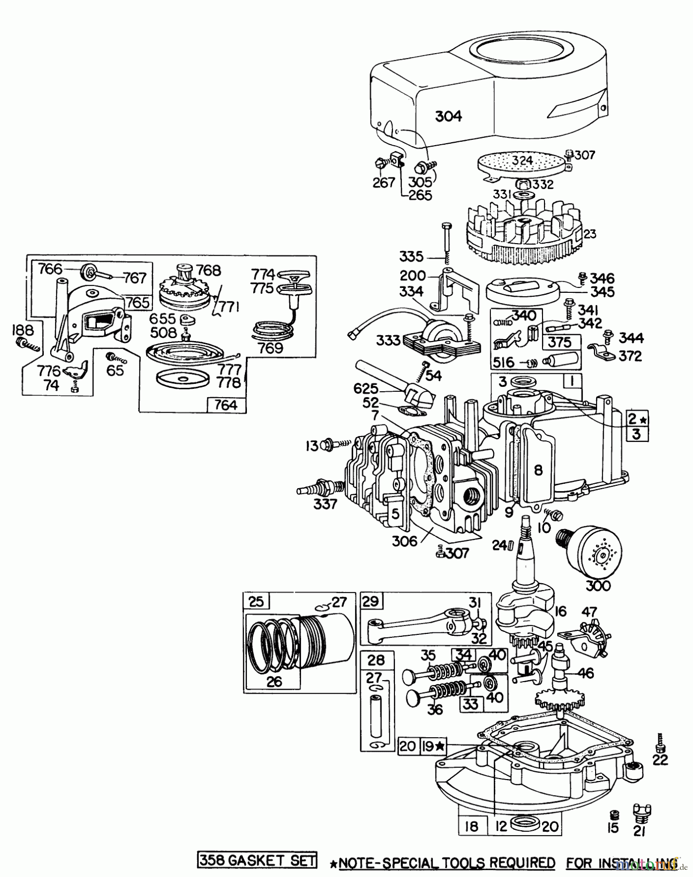 Toro Neu Mowers, Walk-Behind Seite 1 16273 - Toro Whirlwind Lawnmower, 1976 (6000001-6999999) ENGINE BRIGGS & STRATTON MODEL 92908-1635-01