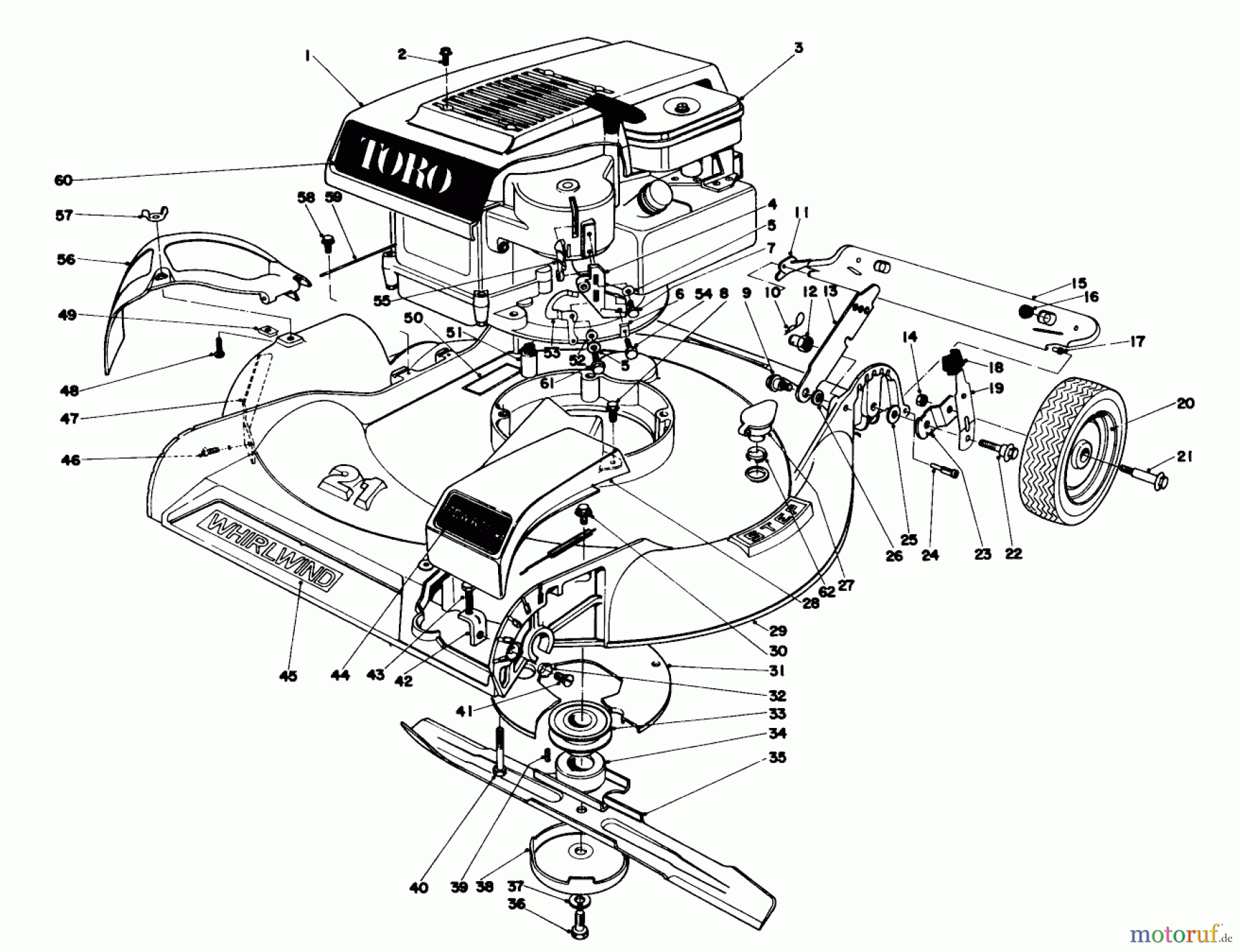  Toro Neu Mowers, Walk-Behind Seite 1 16273 - Toro Whirlwind Lawnmower, 1976 (6000001-6999999) HOUSING AND ENGINE ASSEMBLY MODEL 16273