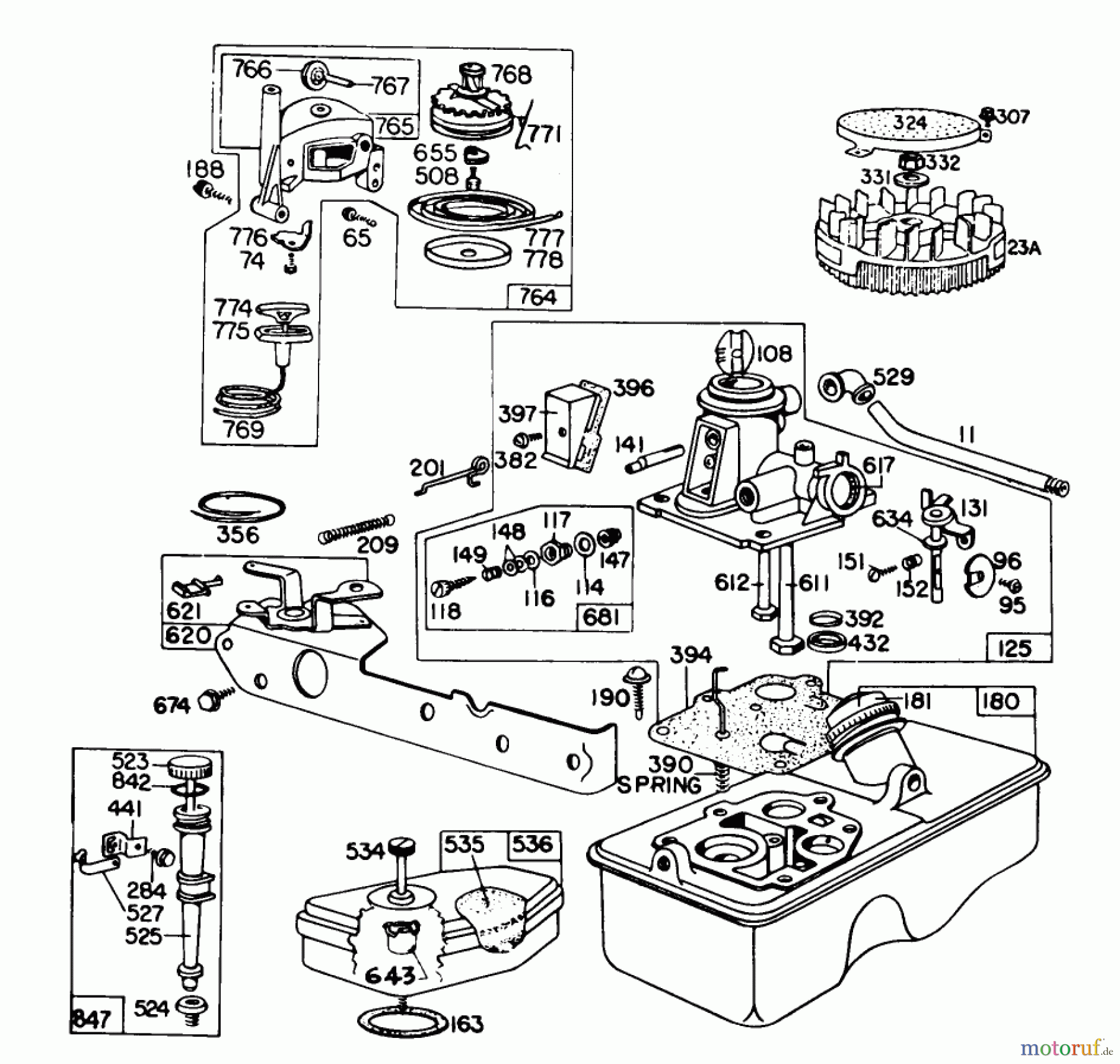 Toro Neu Mowers, Walk-Behind Seite 1 16810 - Toro Lawnmower, 1979 (9000001-9999999) CARBURETOR AND REWIND STARTER ASSEMBLY