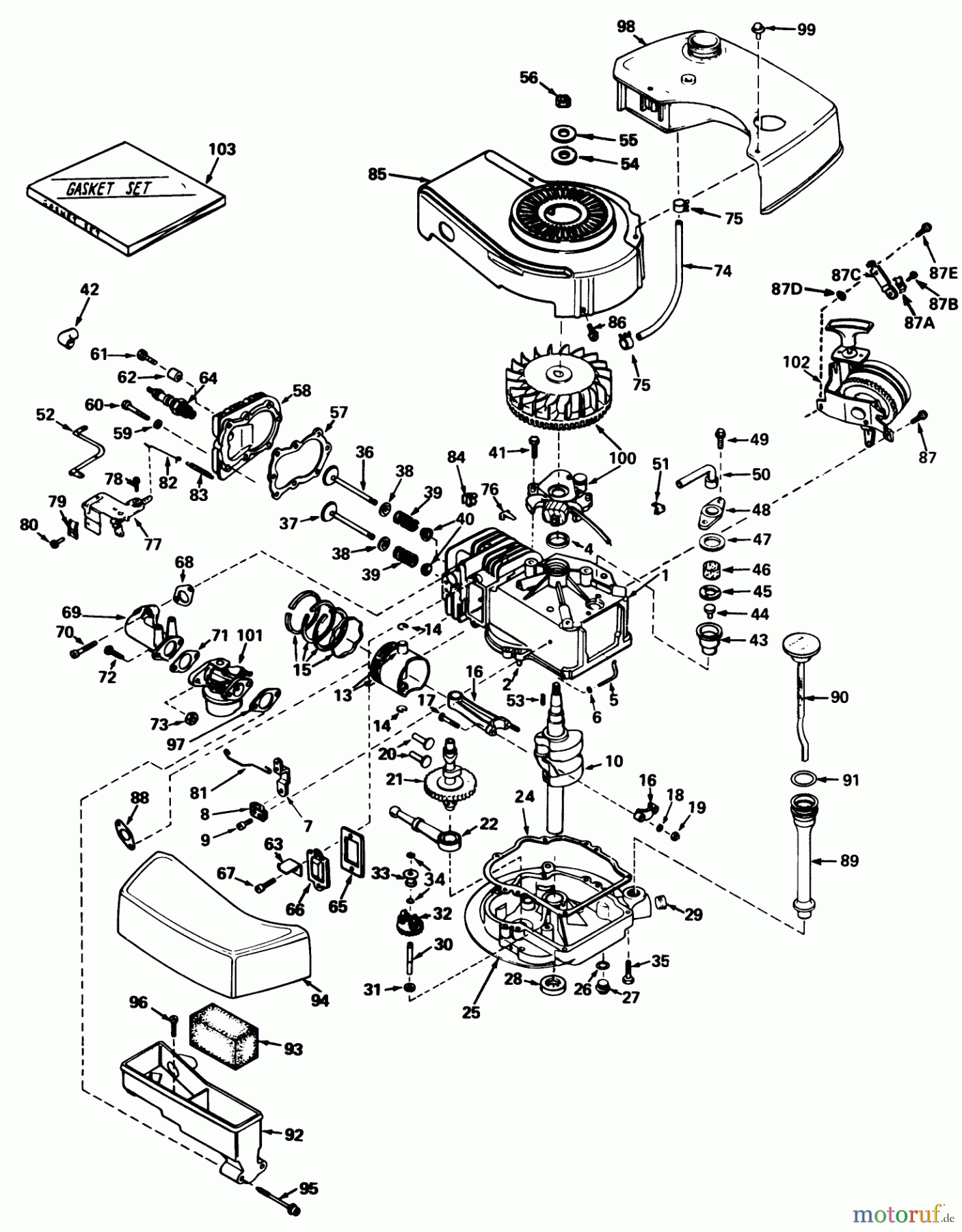 Toro Neu Mowers, Walk-Behind Seite 1 19400 - Toro Guardian Lawnmower, 1976 (6000001-6999999) ENGINE TECUMSEH MODEL TNT100-10047