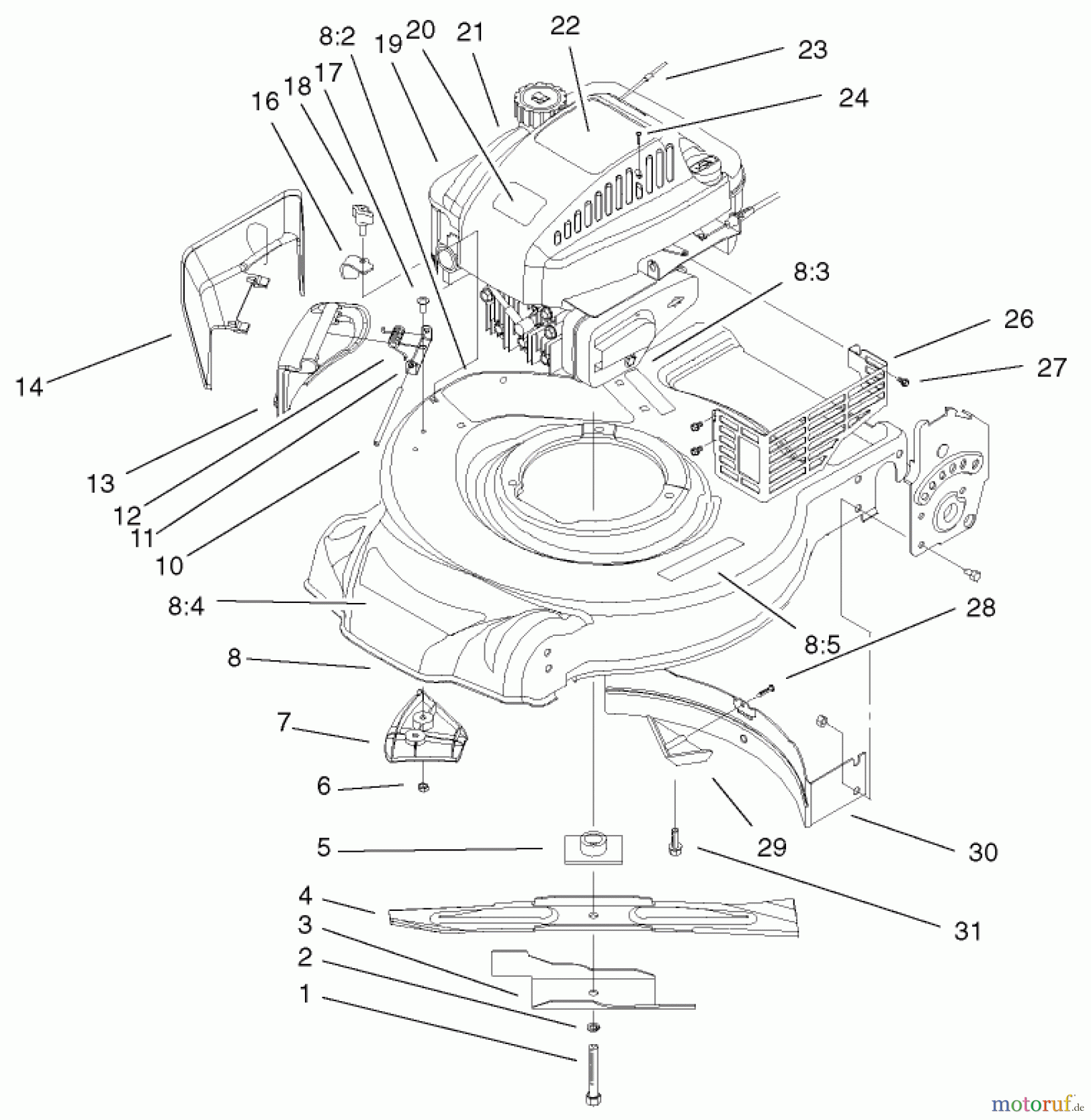Toro Neu Mowers, Walk-Behind Seite 1 20010 (R-21P) - Toro Recycler Mower, R-21P, 2002 (220000001-220999999) ENGINE AND BLADE ASSEMBLY