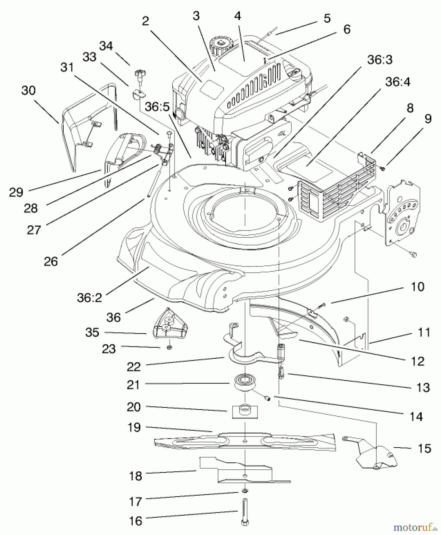Toro Neu Mowers, Walk-Behind Seite 1 20021 (R-21S1B) - Toro Recycler Mower, R-21S1B, 2000 (200000001-200999999) ENGINE & BLADE ASSEMBLY