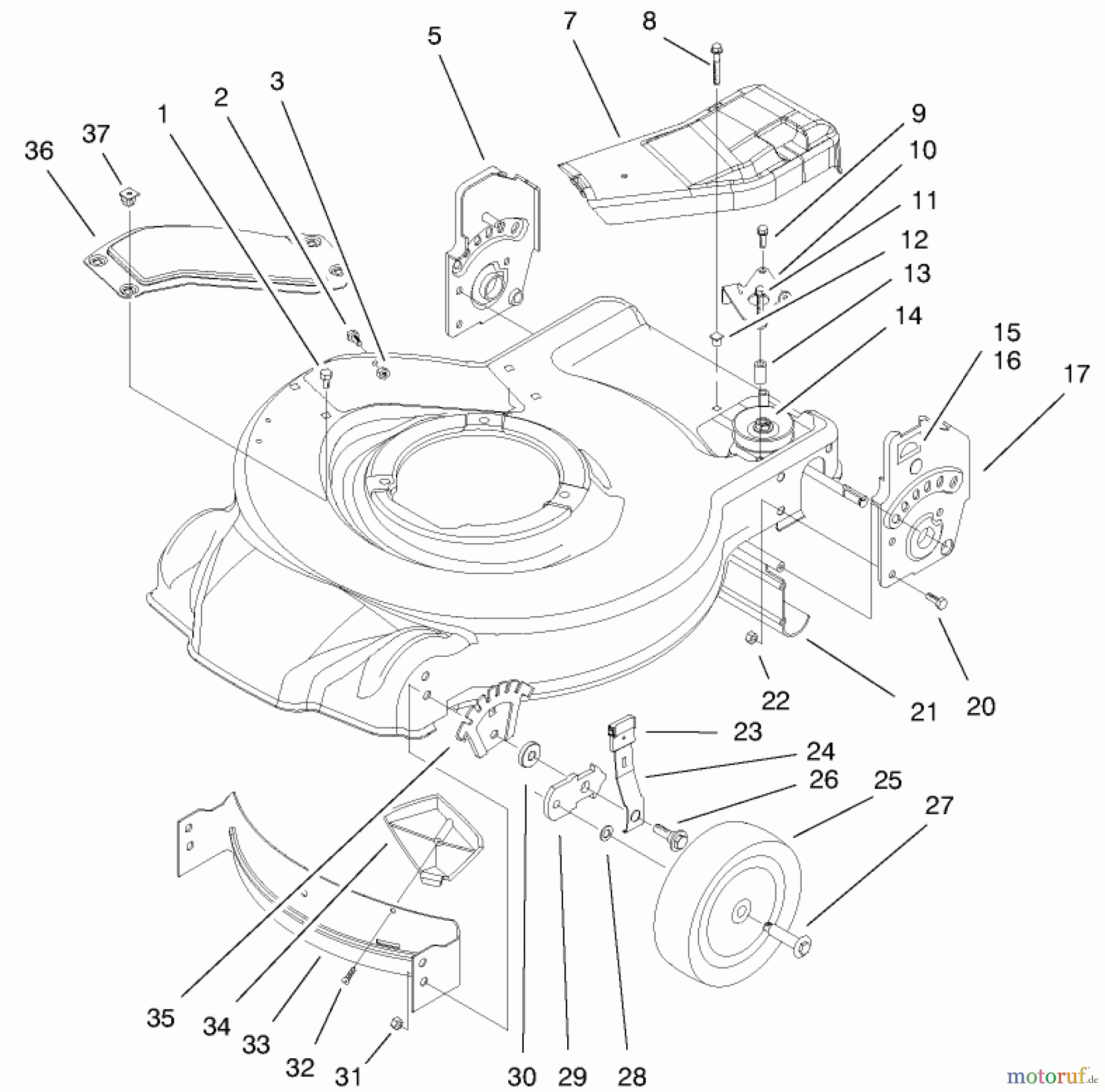 Toro Neu Mowers, Walk-Behind Seite 1 20021 (R-21S1B) - Toro Recycler Mower, R-21S1B, 2000 (200000001-200999999) HOUSING, HANDLE BRACKETS, & WHEEL ASSEMBLY