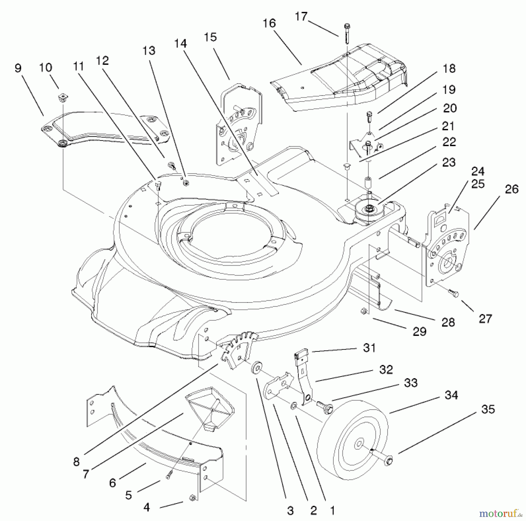 Toro Neu Mowers, Walk-Behind Seite 1 20021 (R-21S1B) - Toro Recycler Mower, R-21S1B, 2001 (210000001-210999999) HOUSING & HANDLE BRACKET ASSEMBLY