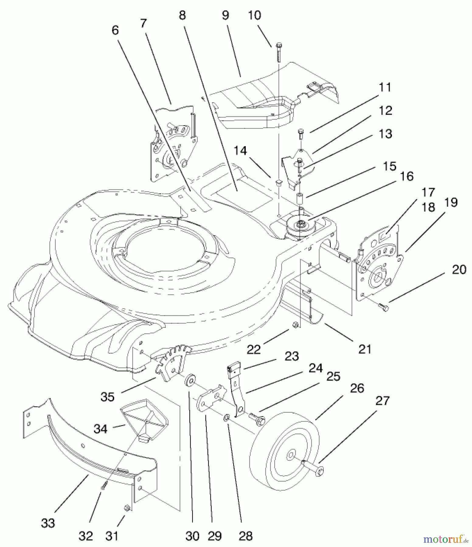 Toro Neu Mowers, Walk-Behind Seite 1 20027 (R-21OSB) - Toro Recycler Mower, R-21OSB, 1999 (9900001-9999999) HOUSING, HANDLE BRACKETS, & WHEEL ASSEMBLY
