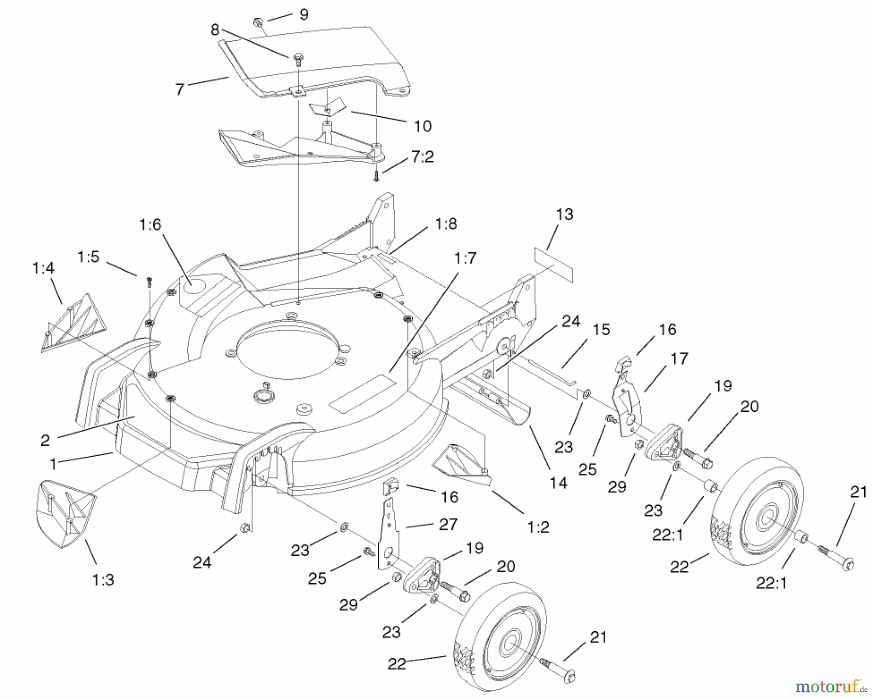 Toro Neu Mowers, Walk-Behind Seite 1 20030 (SR-21P) - Toro Super Recycler Mower, SR-21P, 2001 (210000001-210999999) HOUSING, HANDLE BRACKET, AND WHEEL ASSEMBLY