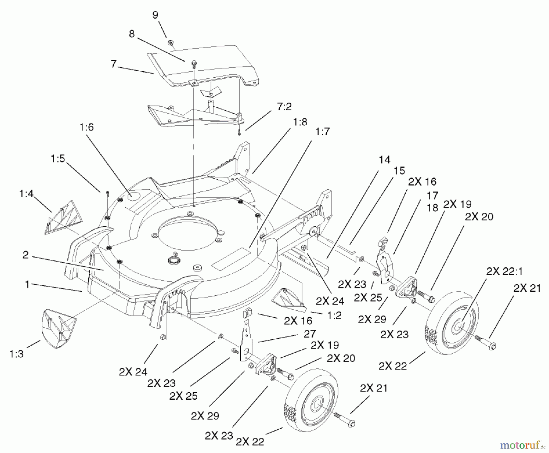 Toro Neu Mowers, Walk-Behind Seite 1 20033 - Toro Super Recycler Mower, 2002 (220000001-220999999) HOUSING, HANDLE BRACKET AND WHEEL ASSEMBLY