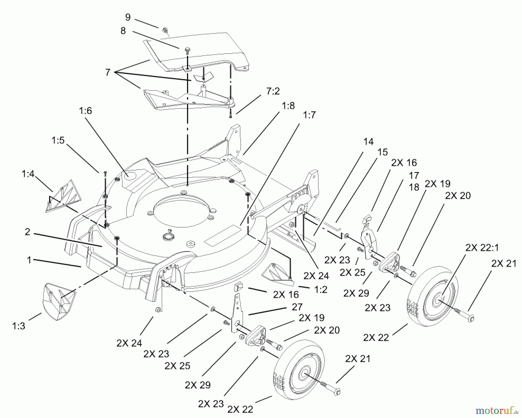 Toro Neu Mowers, Walk-Behind Seite 1 20033 - Toro Super Recycler Mower, 2003 (230000001-230999999) HOUSING, HANDLE BRACKET AND WHEEL ASSEMBLY