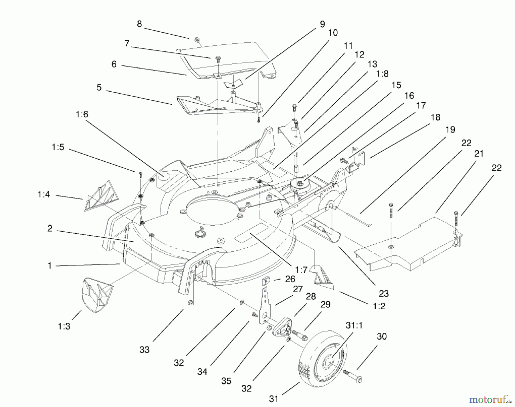 Toro Neu Mowers, Walk-Behind Seite 1 20042 (SR-21S) - Toro Super Recycler Mower, SR-21S, 1999 (9900001-9999999) HOUSING, HANDLE BRACKETS, & WHEEL ASSEMBLY