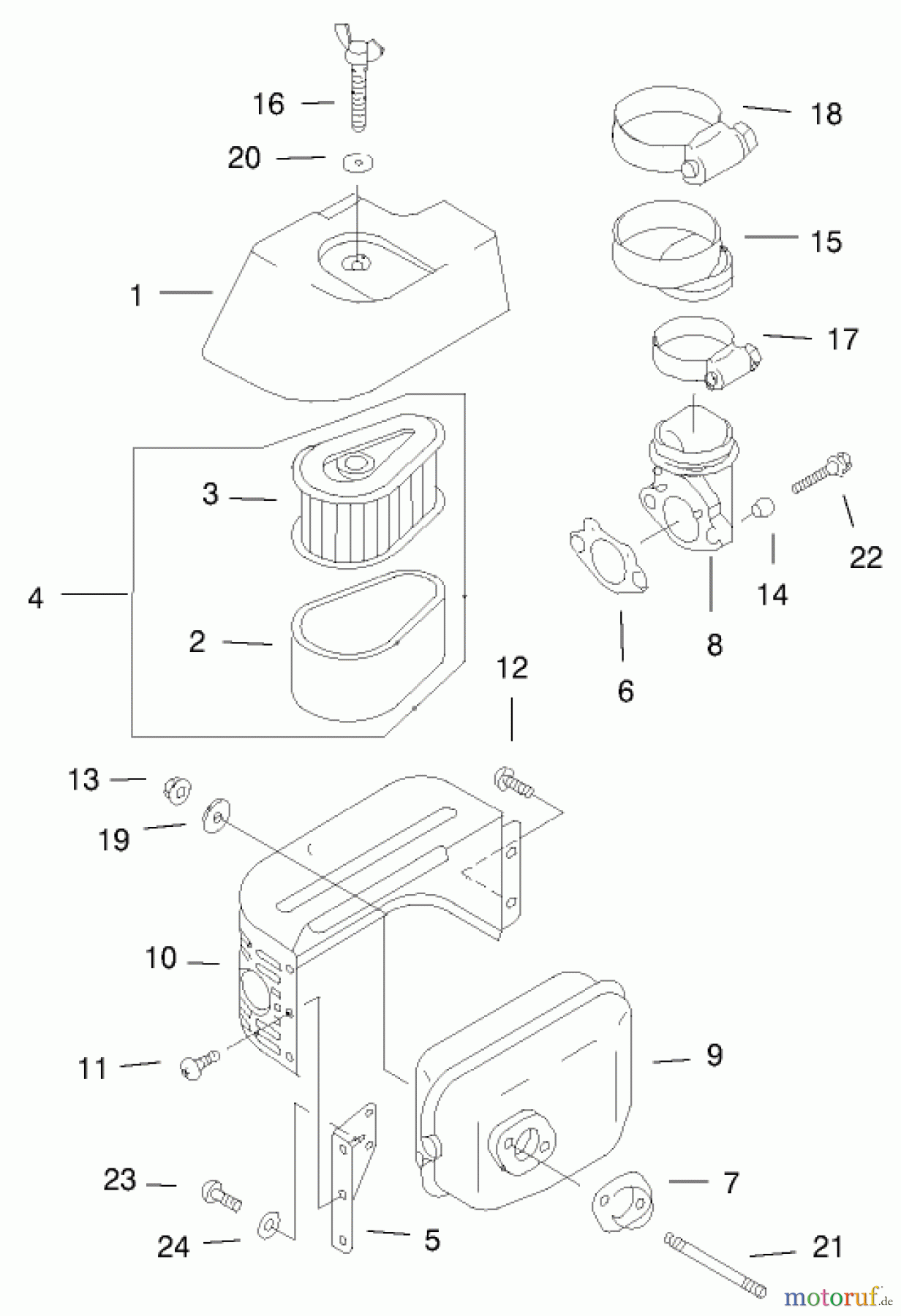 Toro Neu Mowers, Walk-Behind Seite 1 20046 (SR-21OSK) - Toro Super Recycler Mower, SR-21OSK, 2000 (200000001-200999999) AIR FILTER & MUFFLER ASSEMBLY