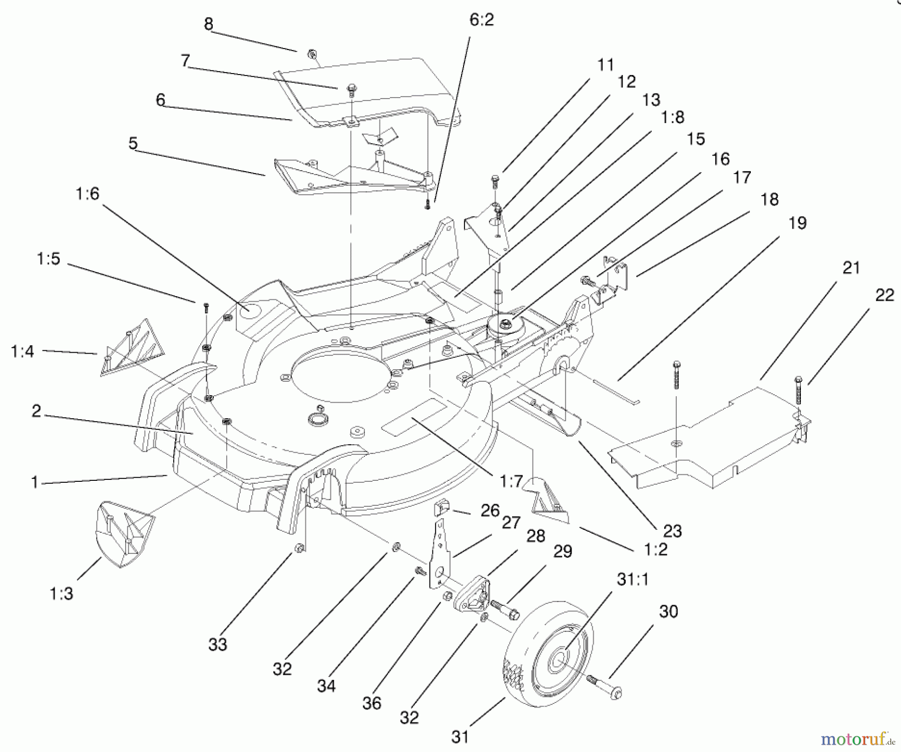 Toro Neu Mowers, Walk-Behind Seite 1 20046 (SR-21OSK) - Toro Super Recycler Mower, SR-21OSK, 2000 (200000001-200999999) HOUSING, HANDLE BRACKET & WHEEL ASSEMBLY