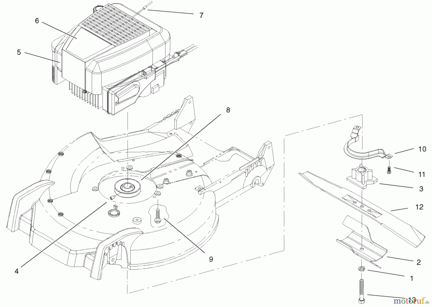 Toro Neu Mowers, Walk-Behind Seite 1 20048 (SR-21SE) - Toro Super Recycler Mower, SR-21SE, 2001 (210000001-210999999) ENGINE AND BLADE ASSEMBLY