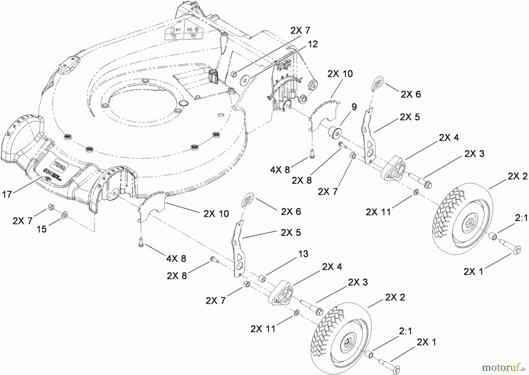 Toro Neu Mowers, Walk-Behind Seite 1 20090 - Toro Super Recycler Lawn Mower, 2009 (290000001-290999999) FRONT AND REAR WHEEL ASSEMBLY