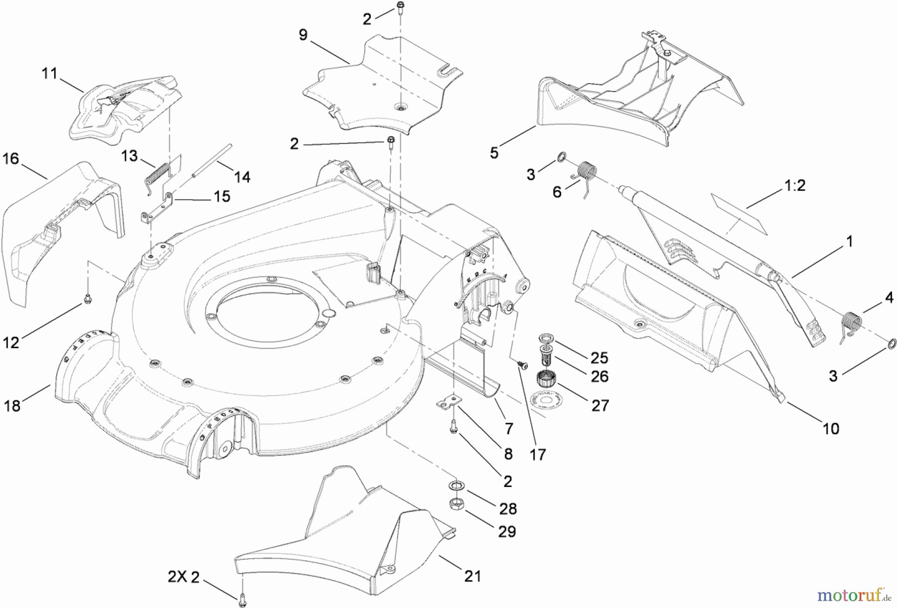 Toro Neu Mowers, Walk-Behind Seite 1 20095 - Toro Super Recycler Lawn Mower, 2009 (290000001-290999999) DECK HOUSING AND REAR DOOR ASSEMBLY