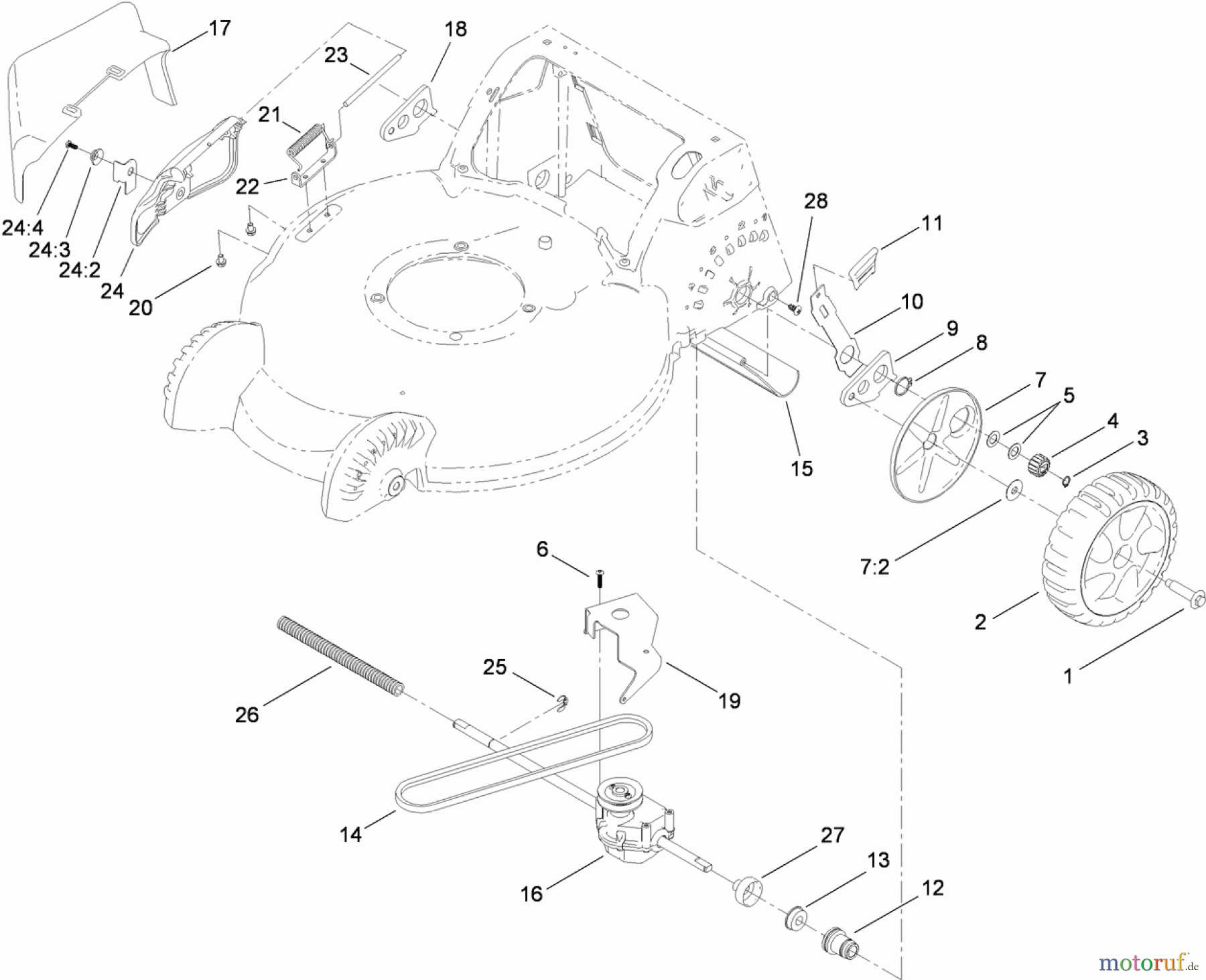  Toro Neu Mowers, Walk-Behind Seite 1 20197 - Toro Super Bagger Lawn Mower, 2010 (310000001-310999999) SIDE DISCHARGE, TRANSMISSION AND REAR WHEEL ASSEMBLY