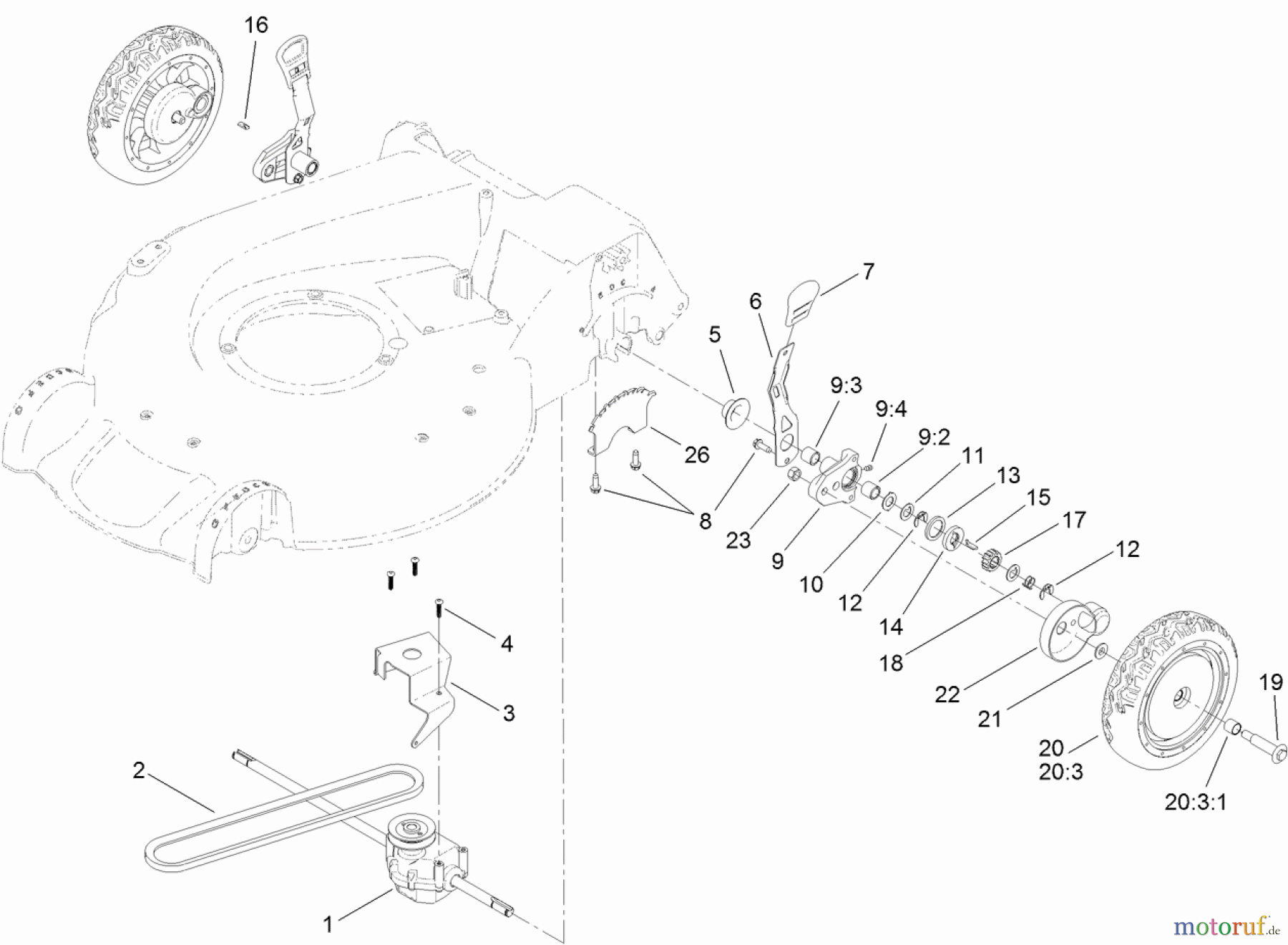  Toro Neu Mowers, Walk-Behind Seite 1 20381 - Toro Super Recycler Lawn Mower, 2012 (SN 312000001-312999999) REAR WHEEL AND HEIGHT-OF-CUT ASSEMBLY