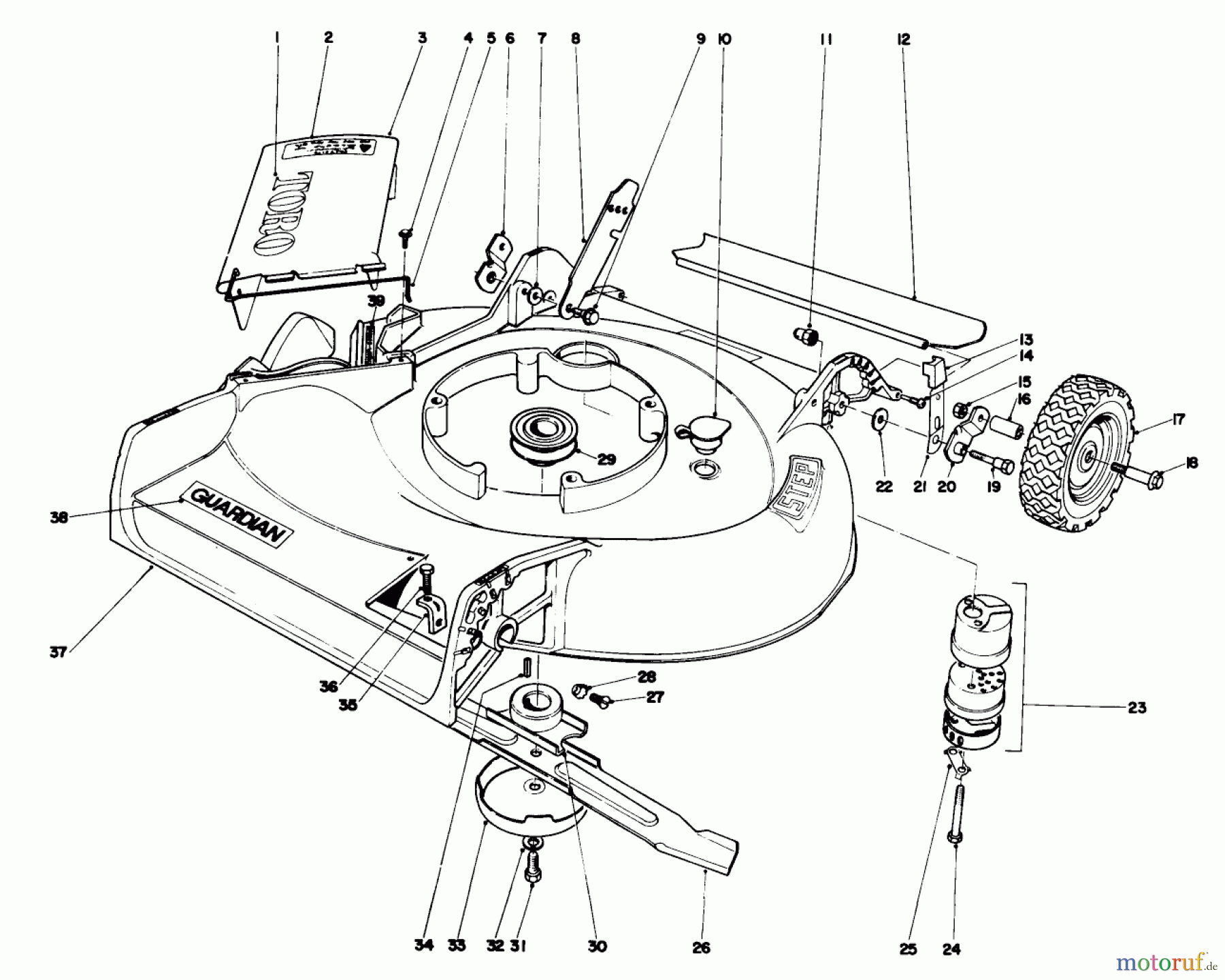 Toro Neu Mowers, Walk-Behind Seite 1 20474 - Toro Guardian Lawnmower, 1975 (5000001-5999999) HOUSING ASSEMBLY MODEL NO. 21610 AND 21711
