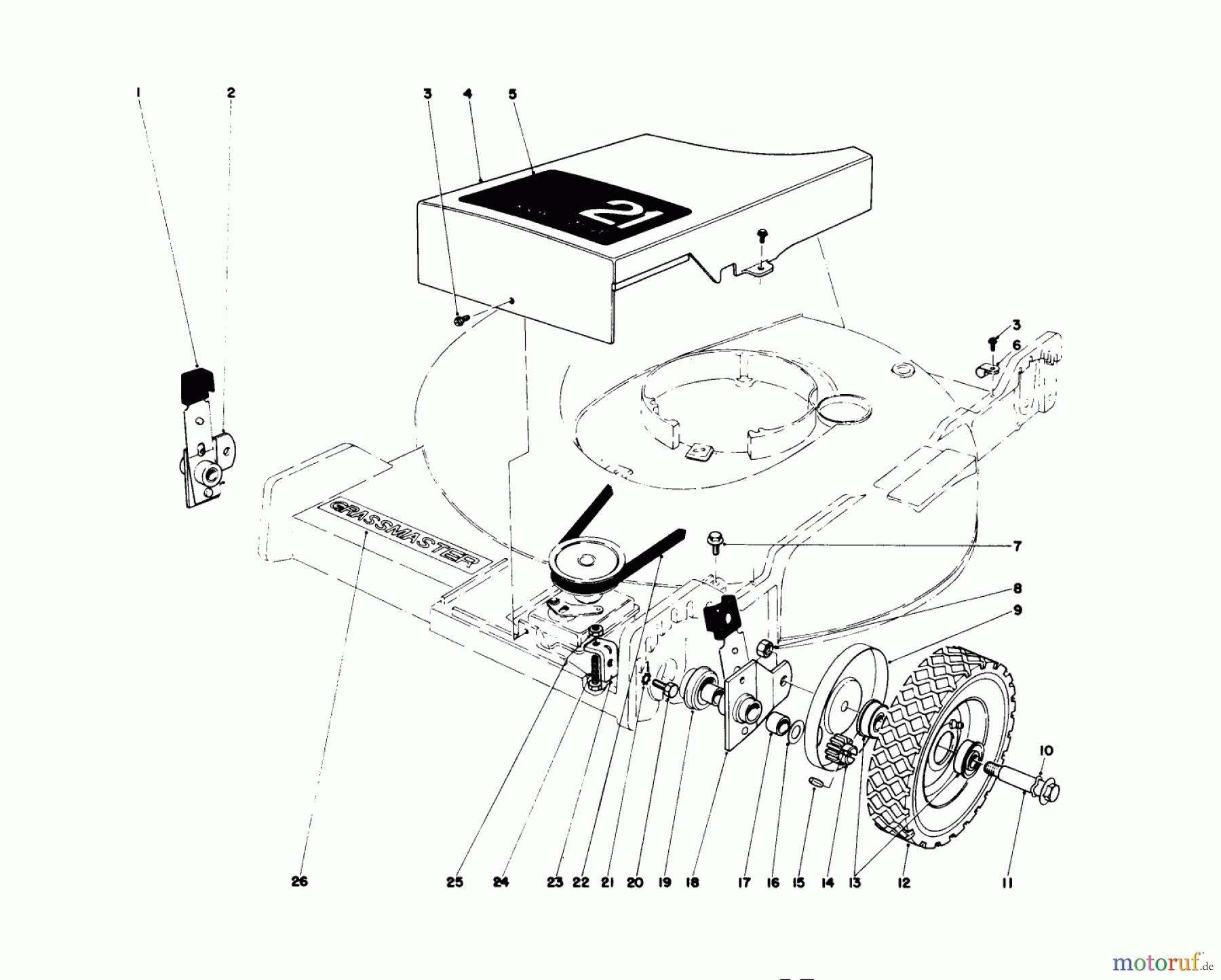 Toro Neu Mowers, Walk-Behind Seite 1 20517 - Toro Lawnmower, 1977 (7000001-7999999) FRONT WHEEL AND PIVOT ARM ASSEMBLY