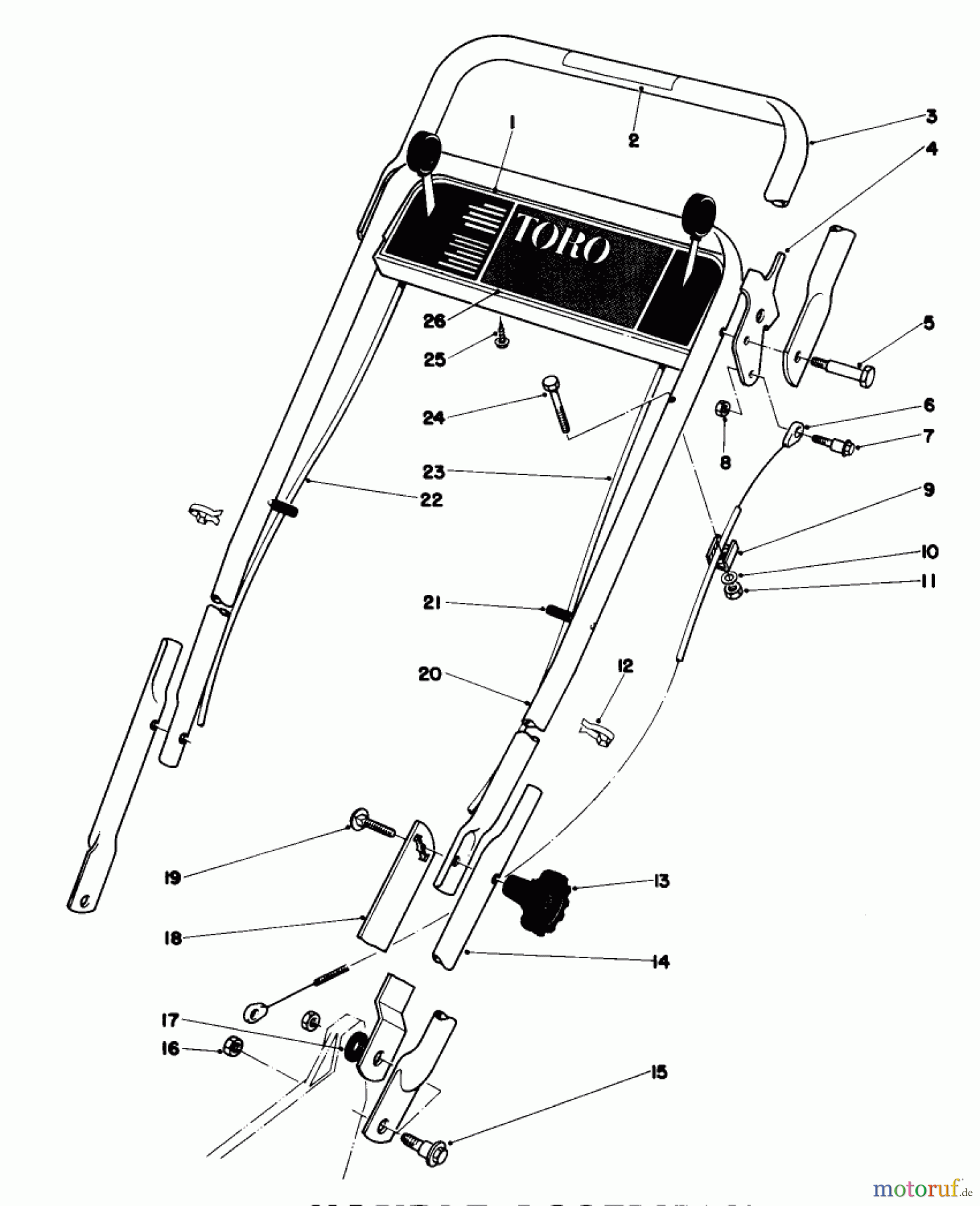 Toro Neu Mowers, Walk-Behind Seite 1 20785 - Toro Lawnmower, 1980 (0000001-0999999) HANDLE ASSEMBLY (USED ON UNITS WITH SERIAL NO. 0000001 THRU 0003990)