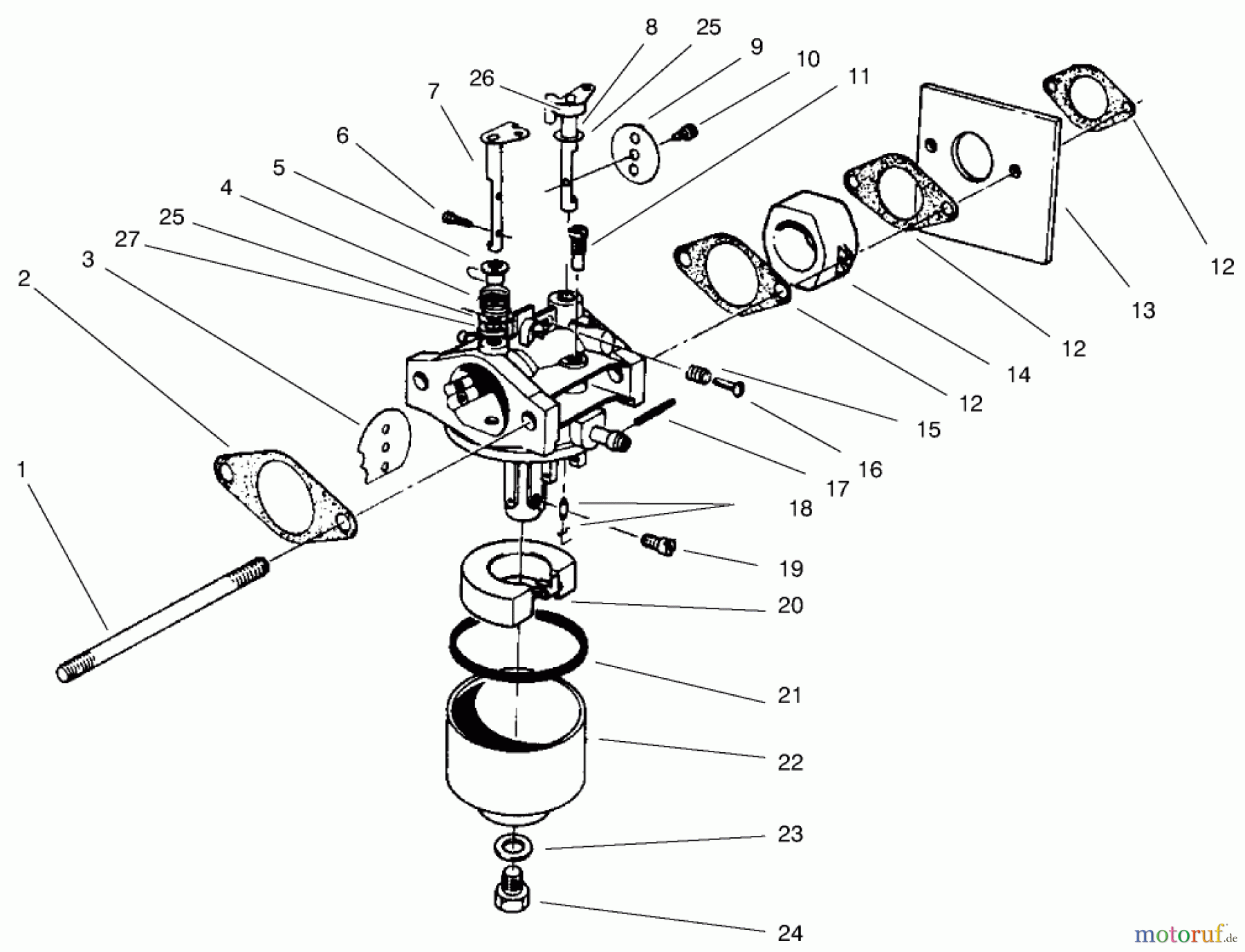 Toro Neu Mowers, Walk-Behind Seite 2 22043 - Toro Lawnmower, 1996 (6900001-6999999) CARBURETOR ASSEMBLY (MODEL NO. 47PS5-3)(SERIAL NO. 6900001-7901902)(MODEL NO. 47PT7-3)(SERIAL NO. 7901903 & UP)