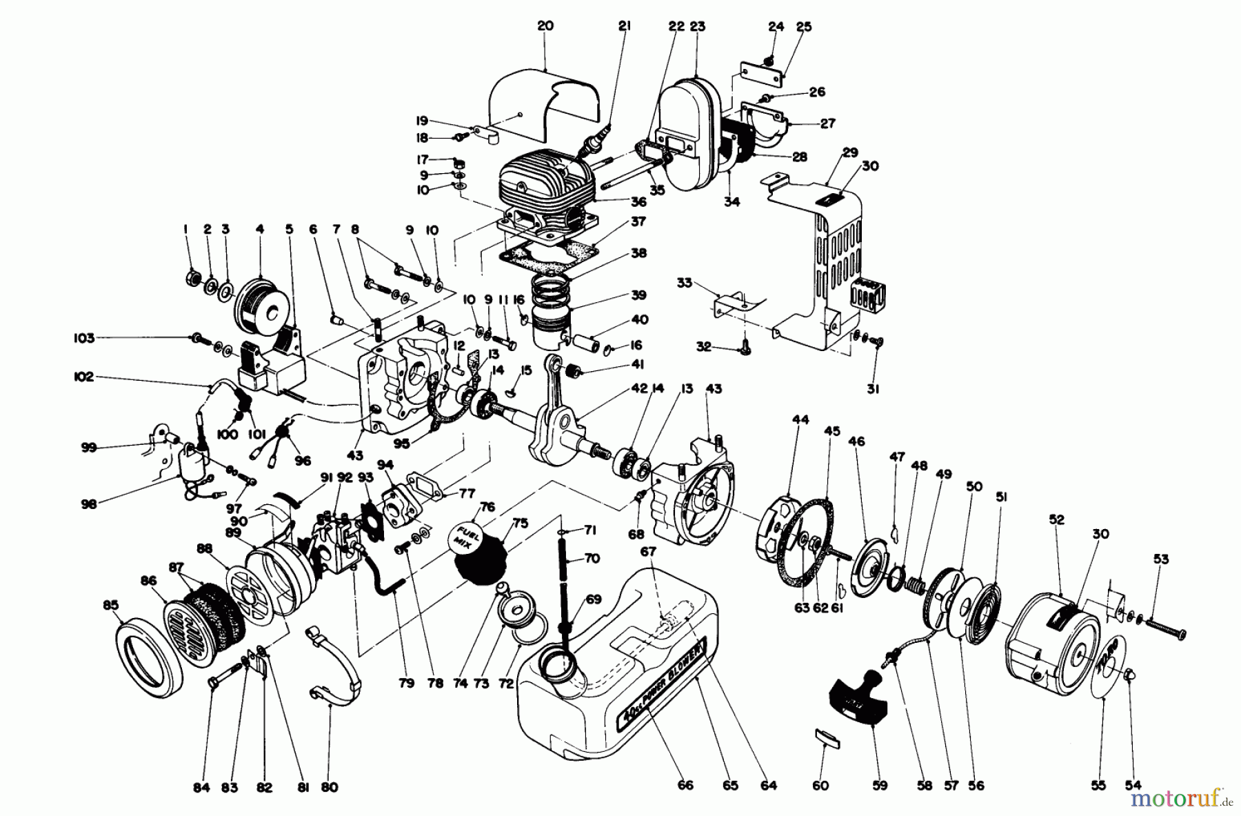 Toro Neu Blowers/Vacuums/Chippers/Shredders 30940 - Toro 40cc Back Pack Blower, 1982 (2000001-2999999) ENGINE ASSEMBLY