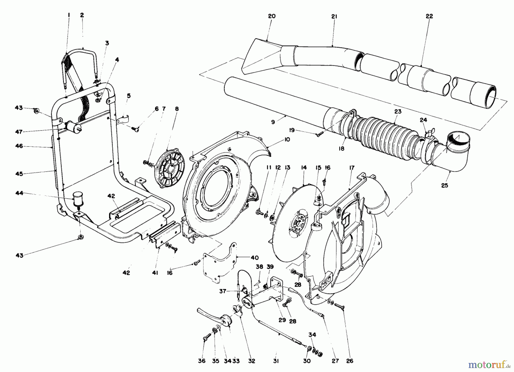 Toro Neu Blowers/Vacuums/Chippers/Shredders 30940 - Toro 40cc Back Pack Blower, 1985 (5000001-5999999) BACK PACK AND BLOWER HOUSING ASSEMBLY