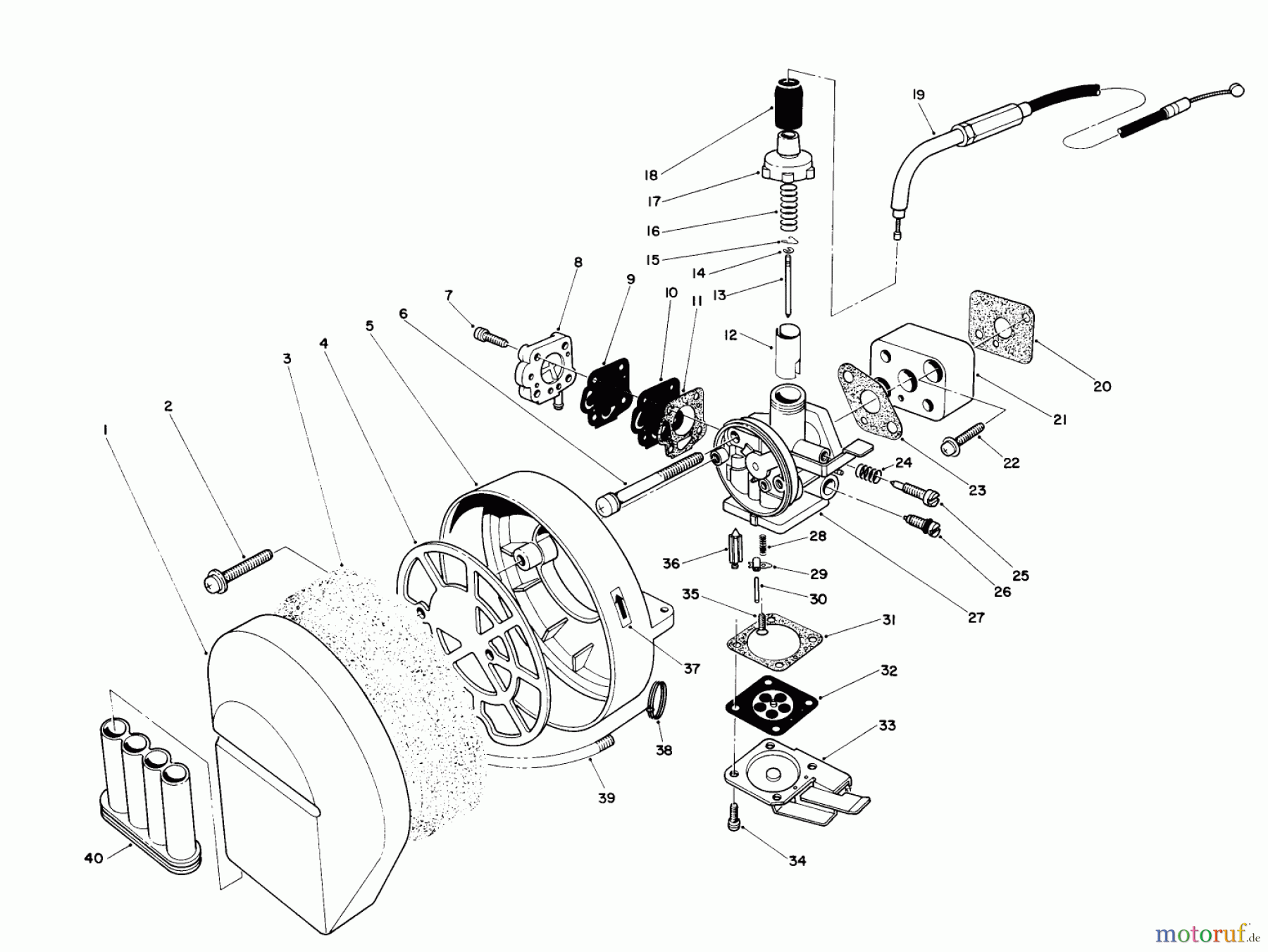 Toro Neu Blowers/Vacuums/Chippers/Shredders 30941 - Toro 41cc Back Pack Blower, 1986 (6000001-6002183) CARBURETOR & AIR CLEANER ASSEMBLY