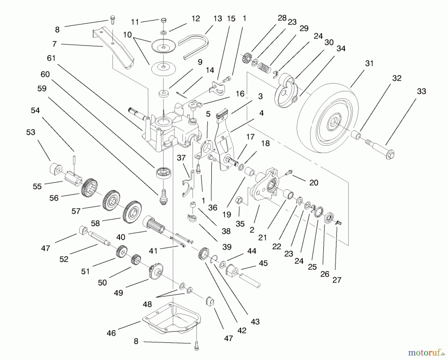 Toro Neu Mowers, Walk-Behind Seite 2 26633 - Toro Lawnmower, 1997 (7900001-7999999) DECK SUSPENSION & GEAR CASE ASSEMBLY