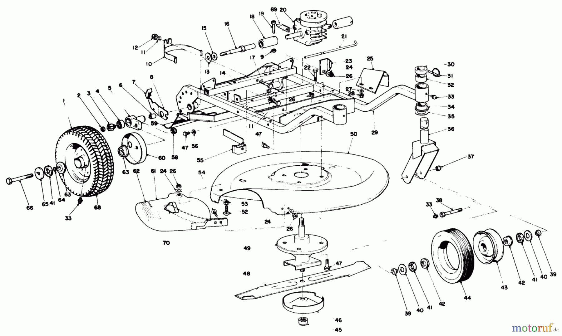 Toro Neu Mowers, Wide-Area Walk-Behind 23267 - Toro Lawnmower, 1981 (1000001-1999999) FRAME AND CUTTER HOUSING ASSEMBLY
