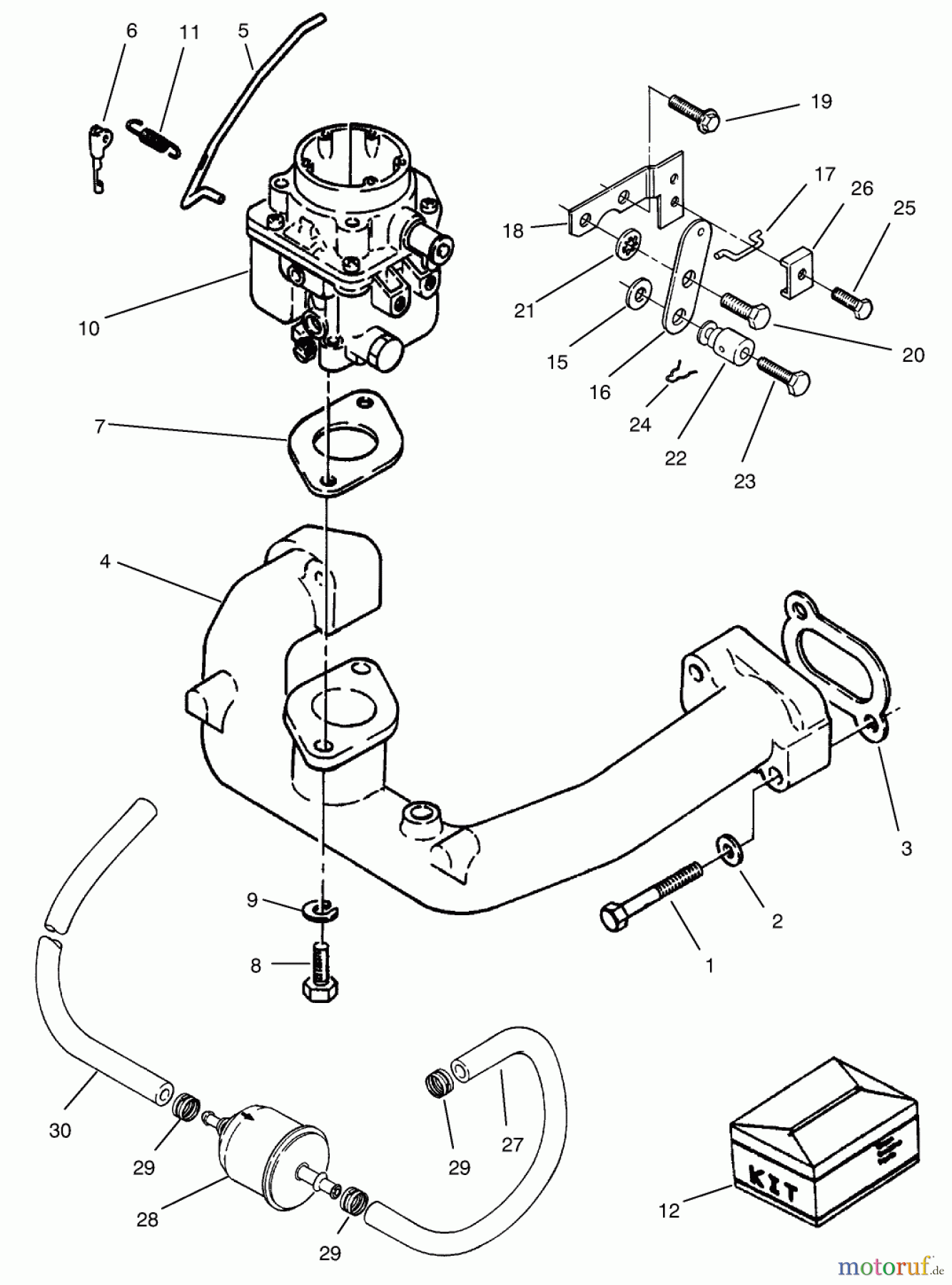  Toro Neu Mowers, Zero-Turn 74021 (616-Z) - Toro 616-Z Tractor, 1994 (490001-499999) CARBURETOR & INTAKE MANIFOLD ASSEMBLY