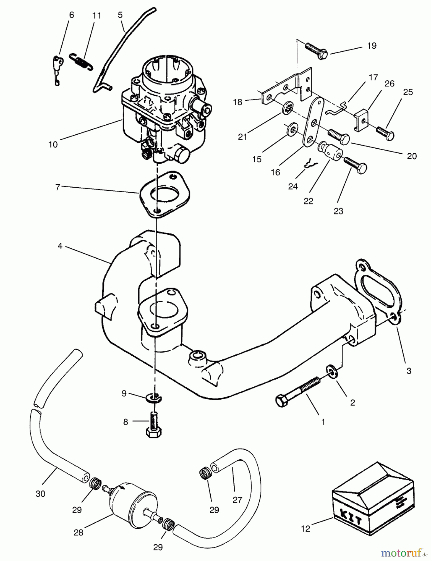 Toro Neu Mowers, Zero-Turn 74101 (620-Z) - Toro 620-Z Tractor, 1995 (590001-599999) CARBURETOR & INTAKE MANIFOLD ASSEMBLY
