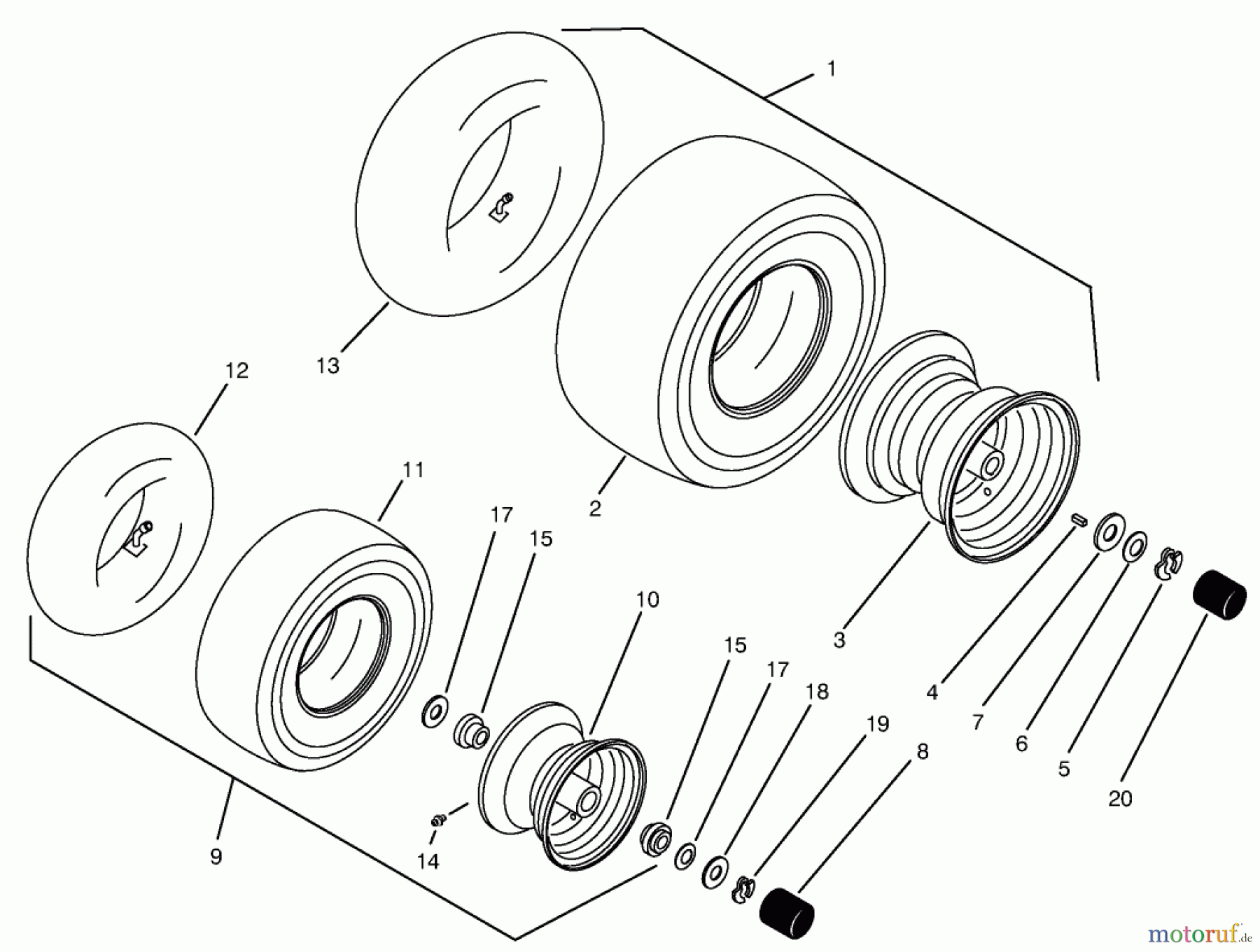  Toro Neu Mowers, Zero-Turn 74101 (620-Z) - Toro 620-Z Tractor, 1995 (590001-599999) WHEELS & TIRES ASSEMBLY